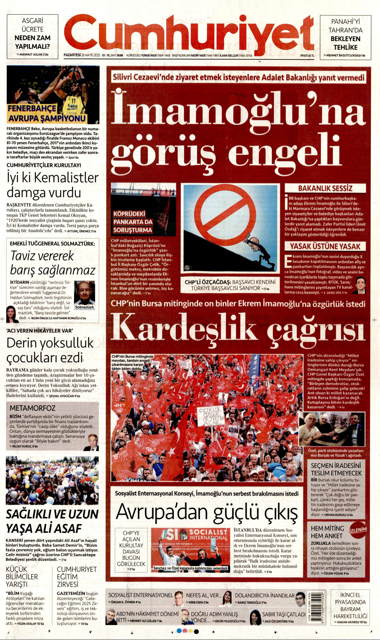 CUMHURİYET gazetesinin 26 Mayıs 2025 tarihli birinci sayfası