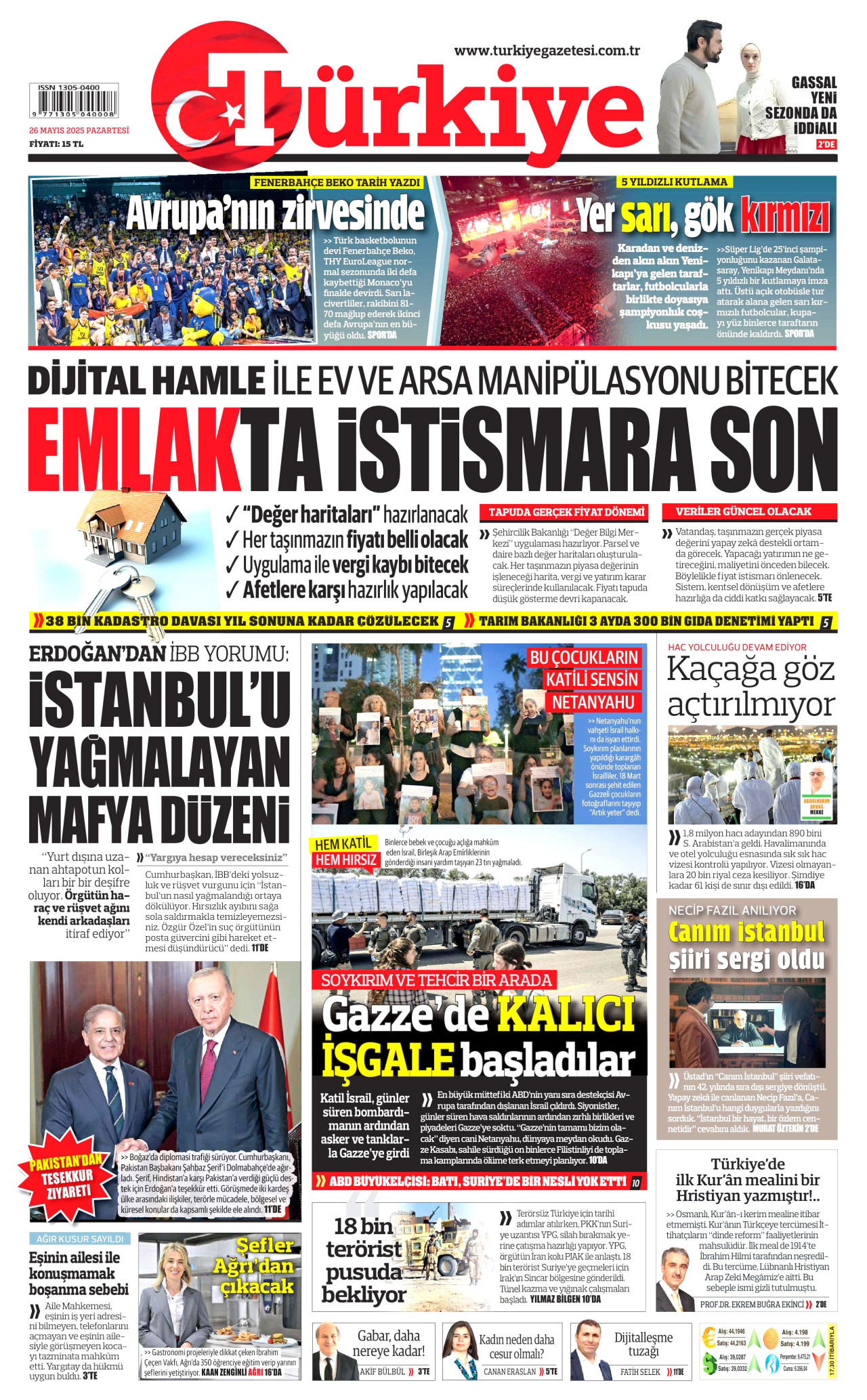 TÜRKİYE GAZETESİ gazetesinin 26 Mayıs 2025 tarihli birinci sayfası