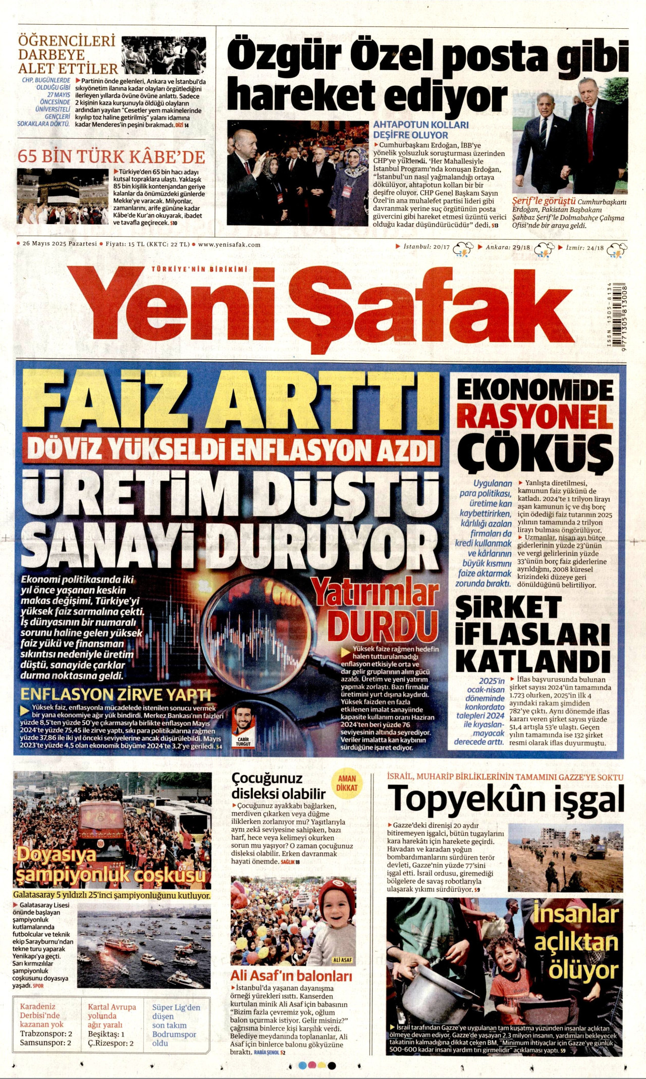 YENİ ŞAFAK gazetesinin 26 Mayıs 2025 tarihli birinci sayfası