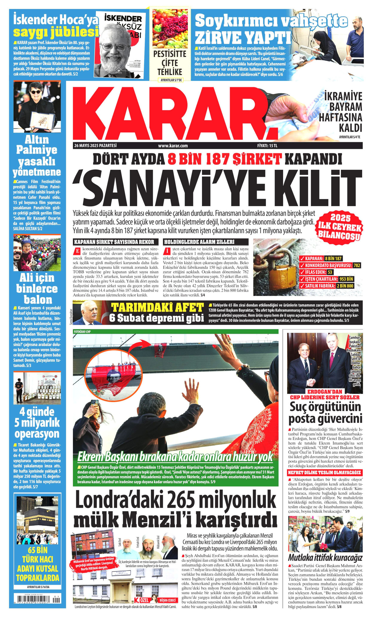 KARAR gazetesinin 26 Mayıs 2025 tarihli birinci sayfası