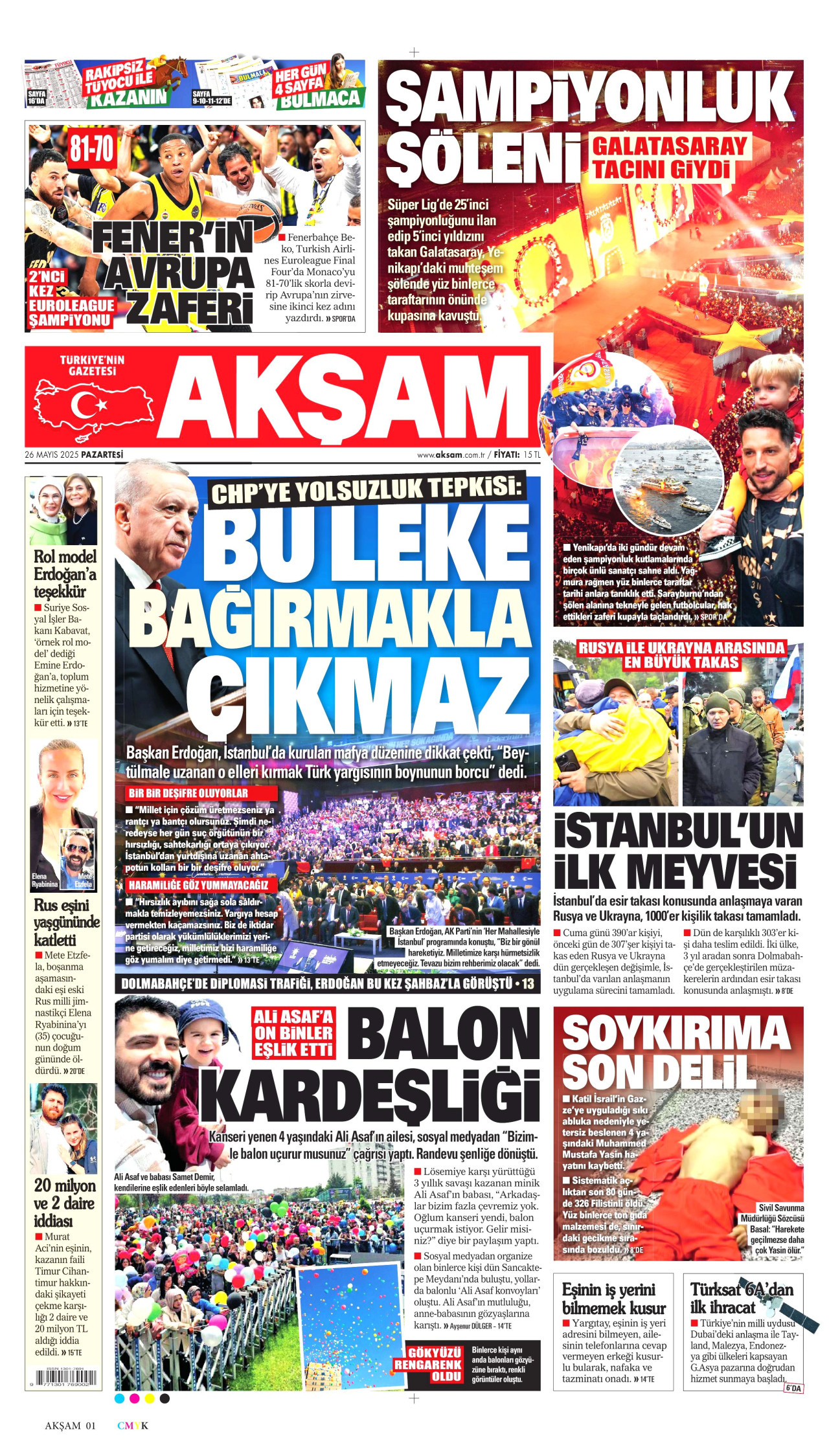 AKŞAM gazetesinin 26 Mayıs 2025 tarihli birinci sayfası