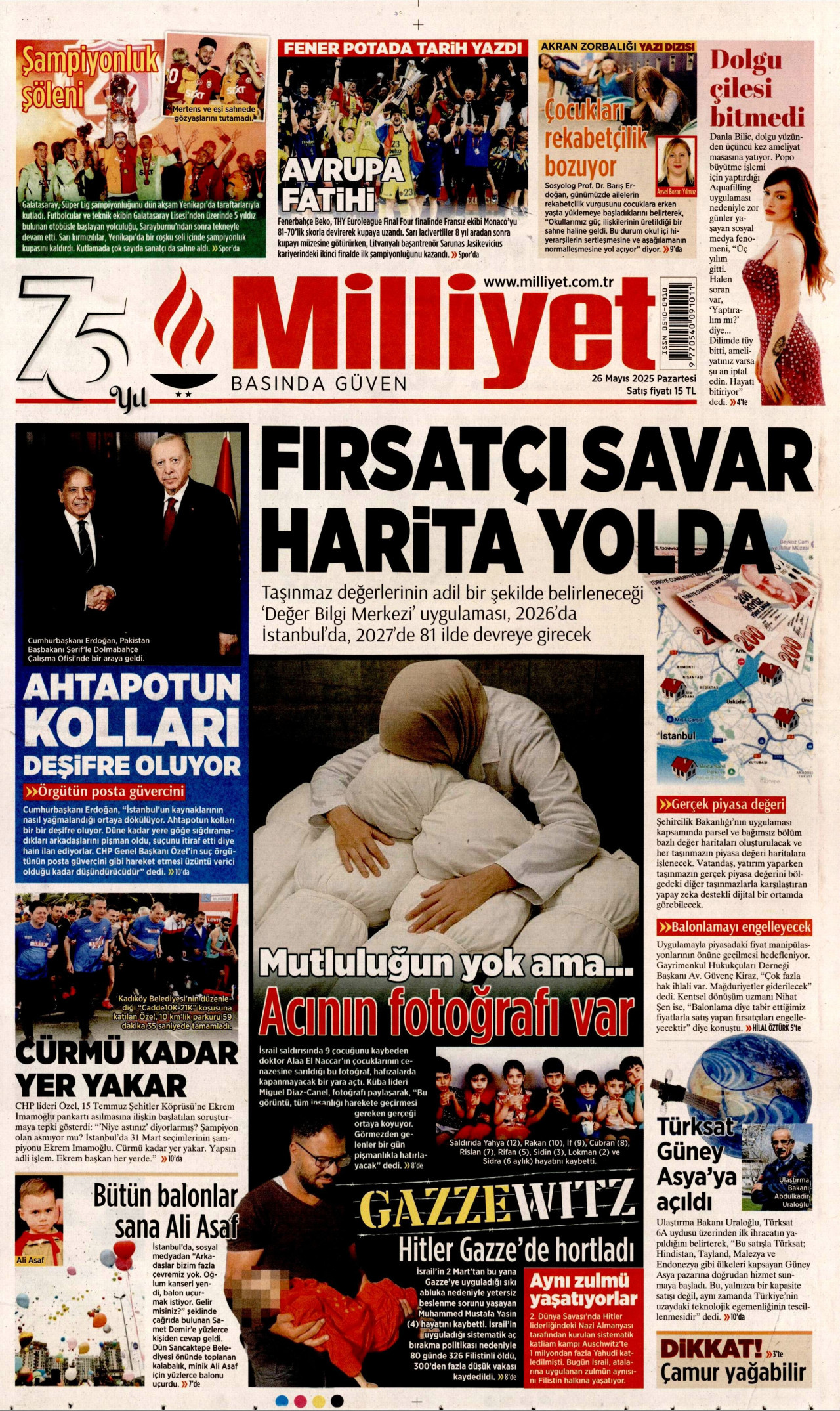 MİLLİYET gazetesinin 26 Mayıs 2025 tarihli birinci sayfası