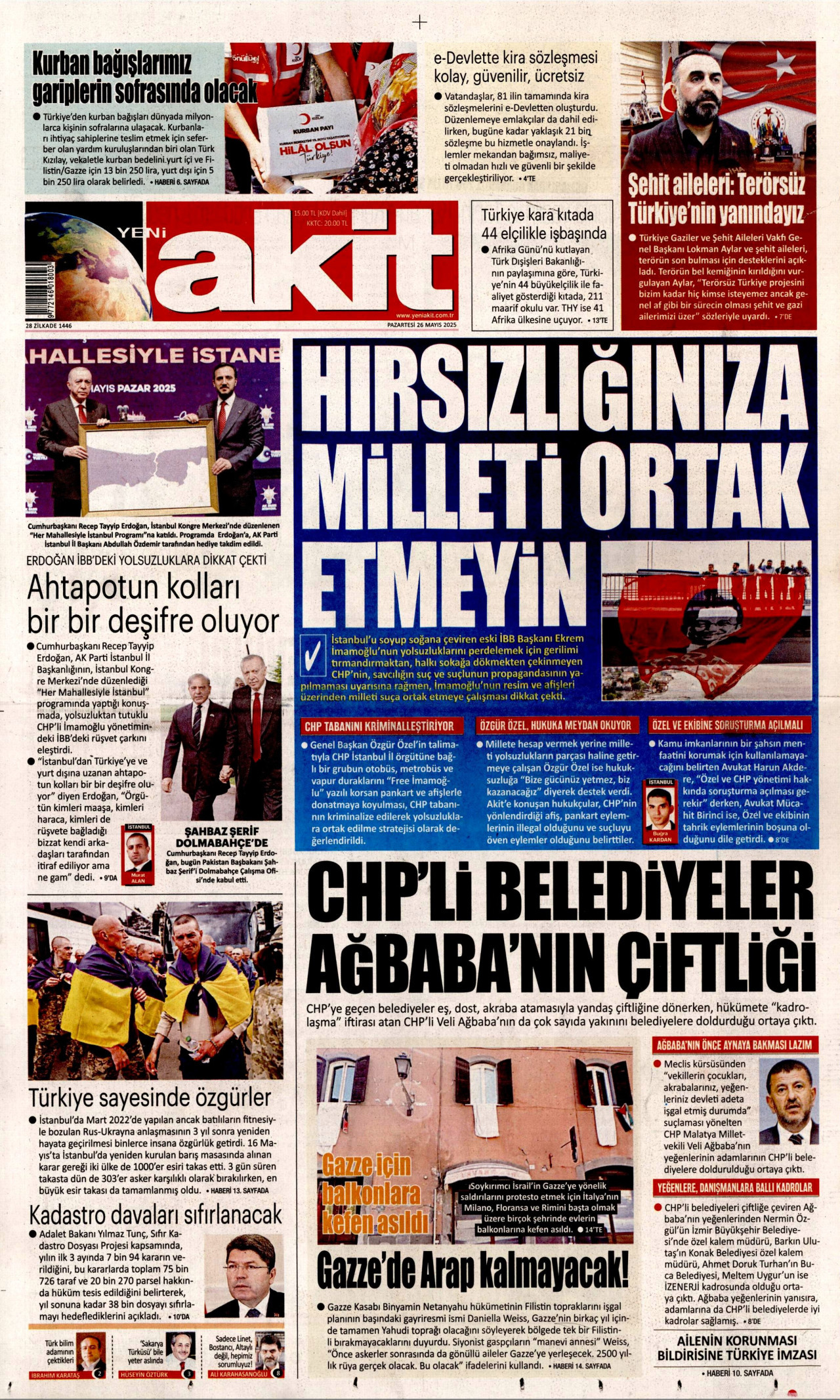 YENİ AKİT gazetesinin 26 Mayıs 2025 tarihli birinci sayfası