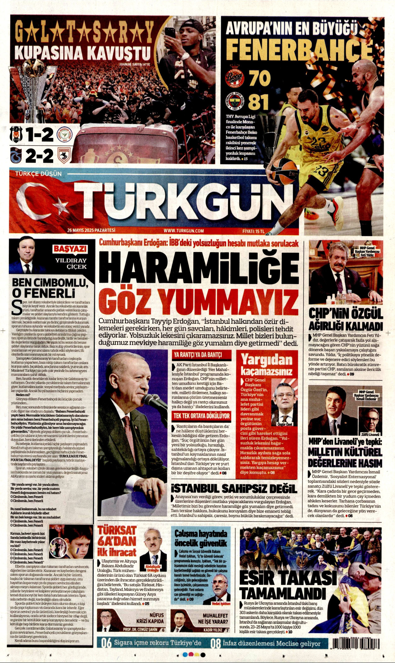 TÜRKGÜN gazetesinin 26 Mayıs 2025 tarihli birinci sayfası