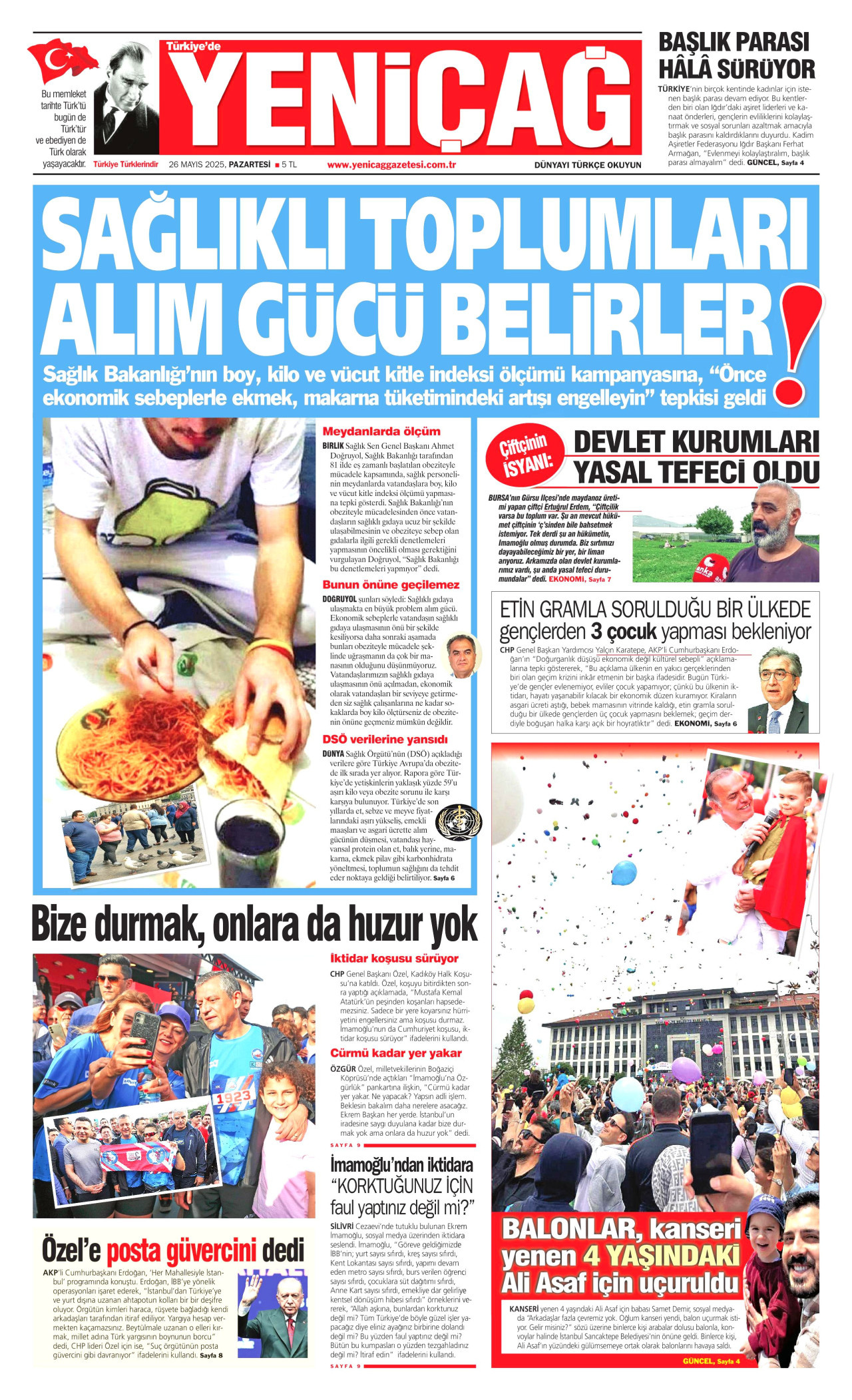 YENİÇAĞ gazetesinin 26 Mayıs 2025 tarihli birinci sayfası