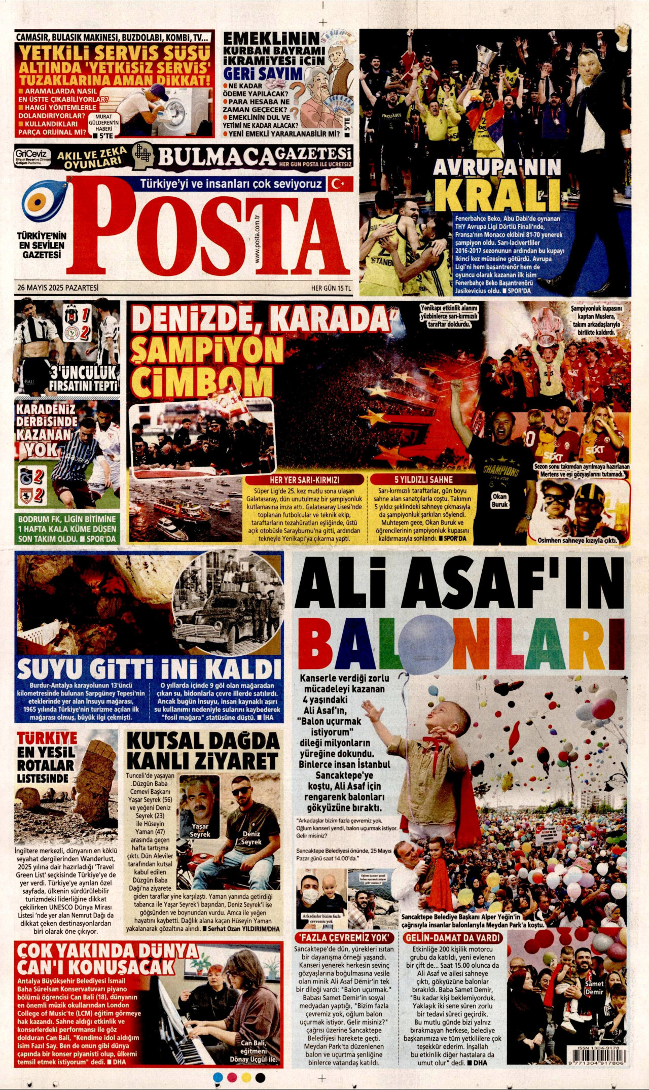 POSTA gazetesinin 26 Mayıs 2025 tarihli birinci sayfası