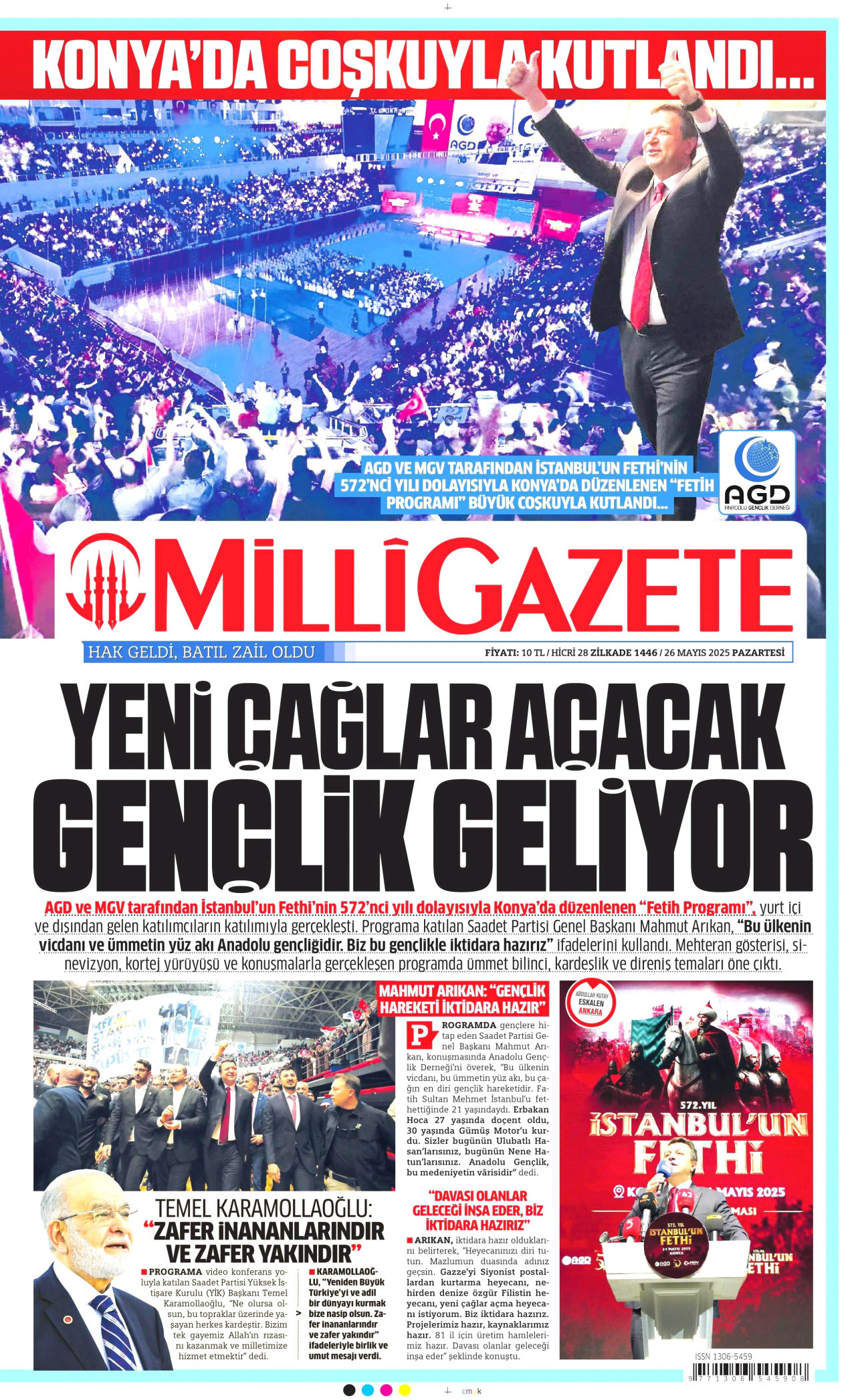 MİLLİ GAZETE gazetesinin 26 Mayıs 2025 tarihli birinci sayfası