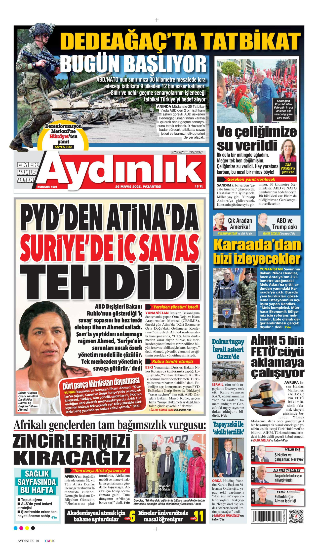 AYDINLIK GAZETESİ gazetesinin 26 Mayıs 2025 tarihli birinci sayfası