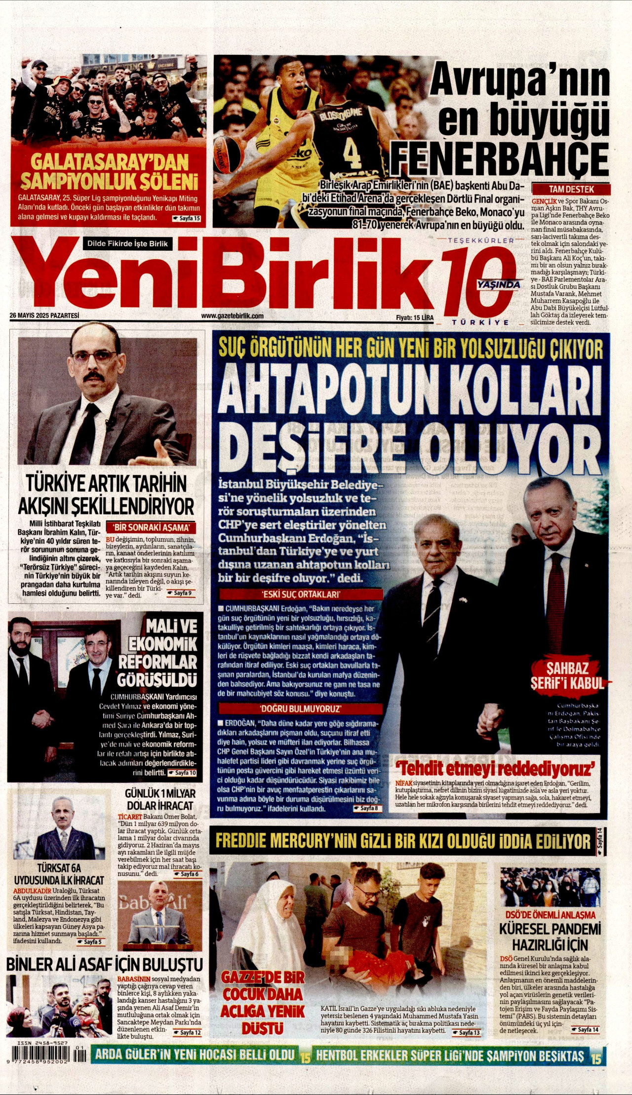 YENİBİRLİK gazetesinin 26 Mayıs 2025 tarihli birinci sayfası