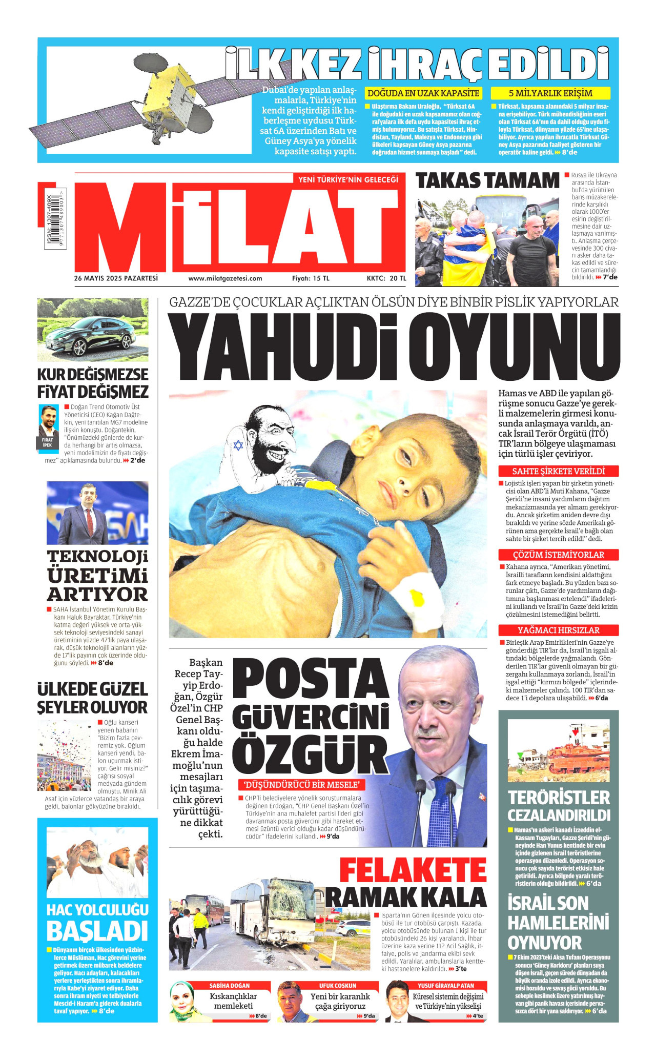 MİLAT gazetesinin 26 Mayıs 2025 tarihli birinci sayfası
