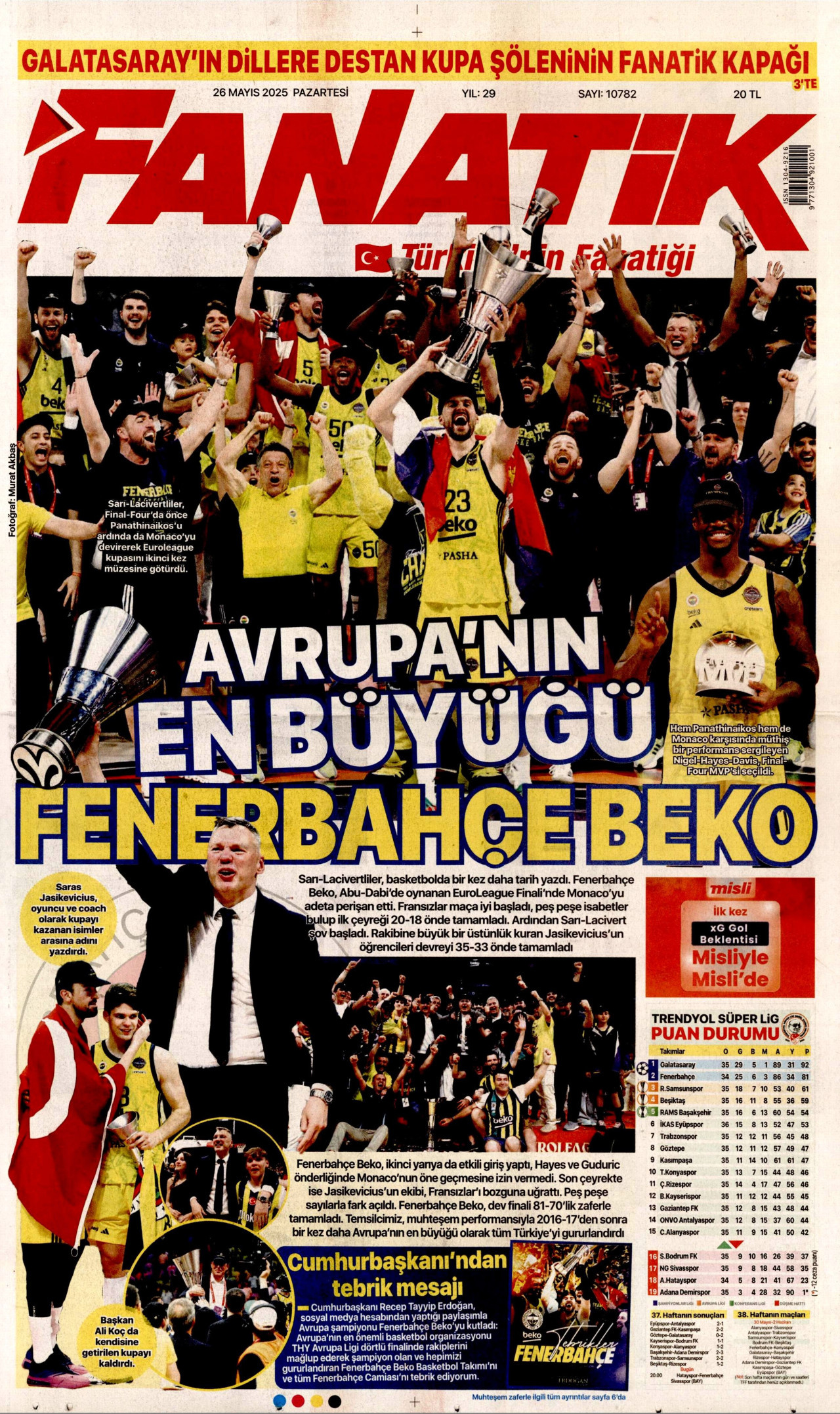 FANATİK gazetesinin 26 Mayıs 2025 tarihli birinci sayfası