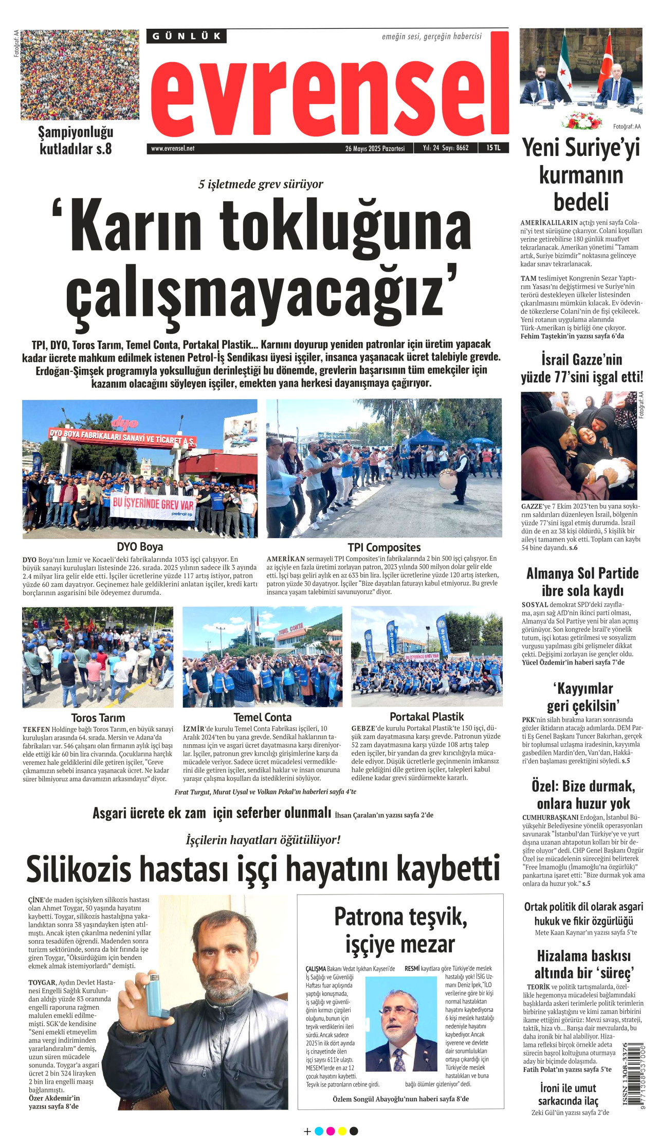 EVRENSEL gazetesinin 26 Mayıs 2025 tarihli birinci sayfası