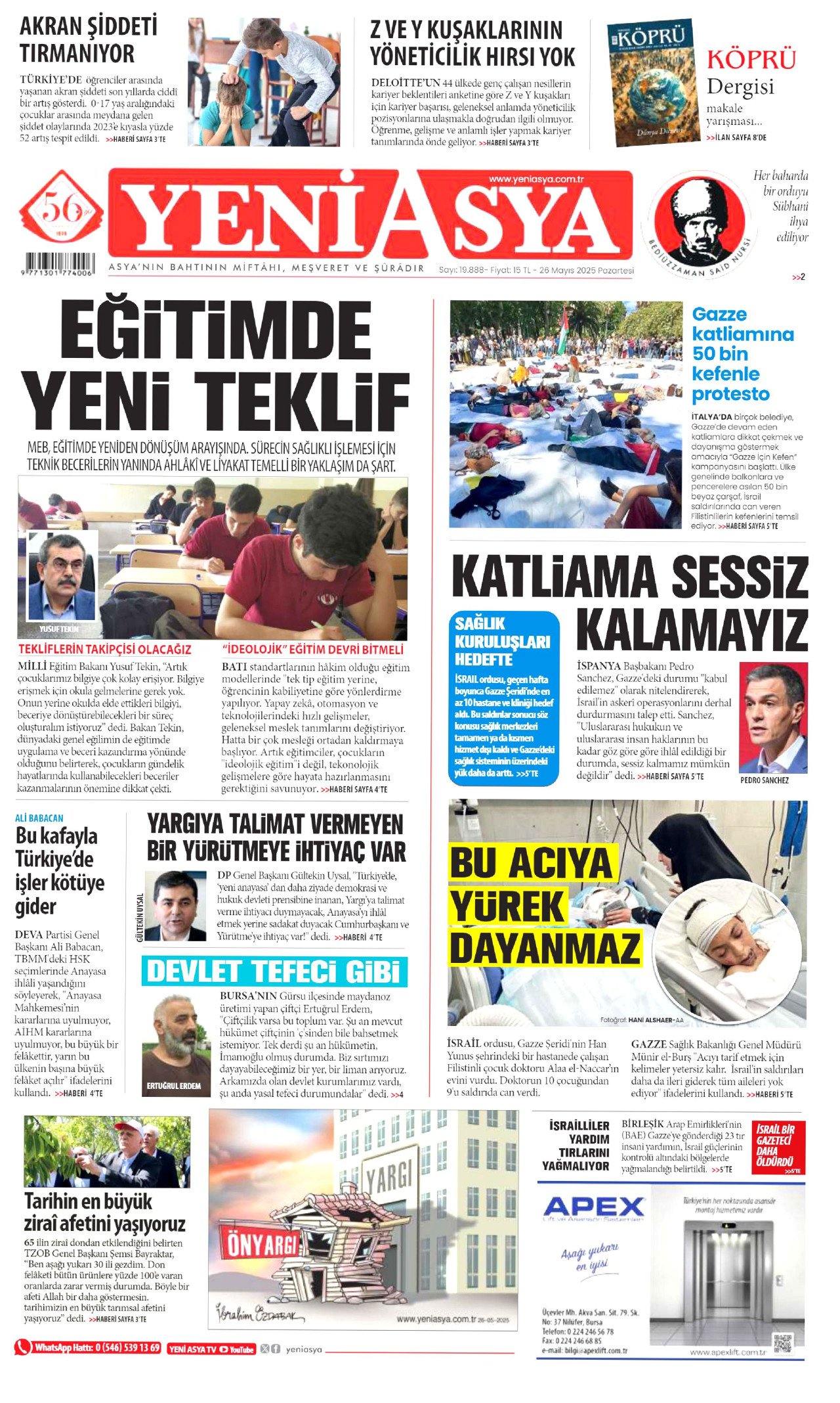 YENİ ASYA gazetesinin 26 Mayıs 2025 tarihli birinci sayfası