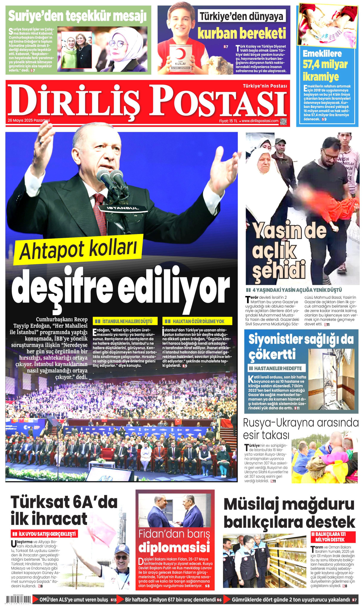 DİRİLİŞ POSTASI gazetesinin 26 Mayıs 2025 tarihli birinci sayfası