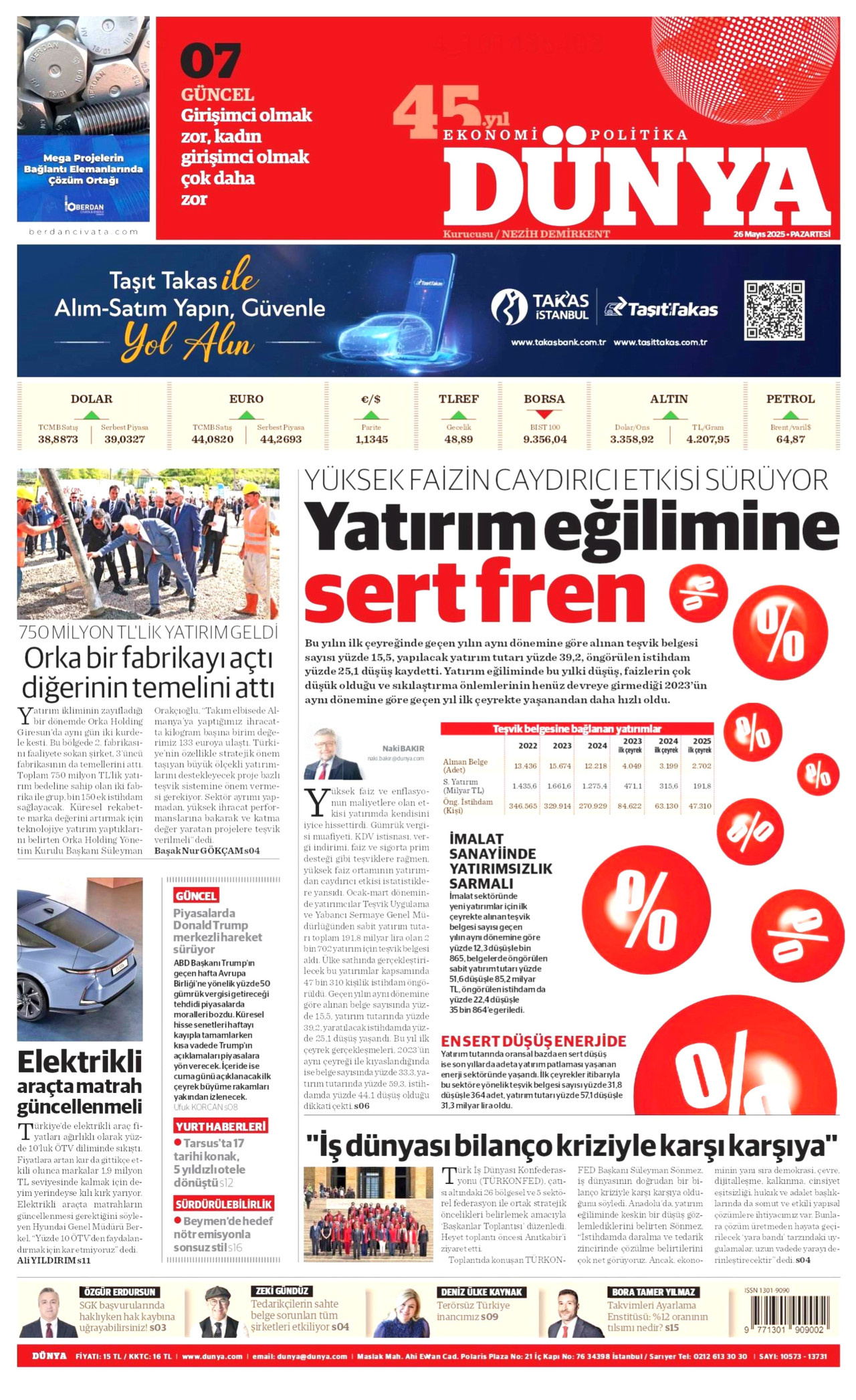 DÜNYA gazetesinin 26 Mayıs 2025 tarihli birinci sayfası