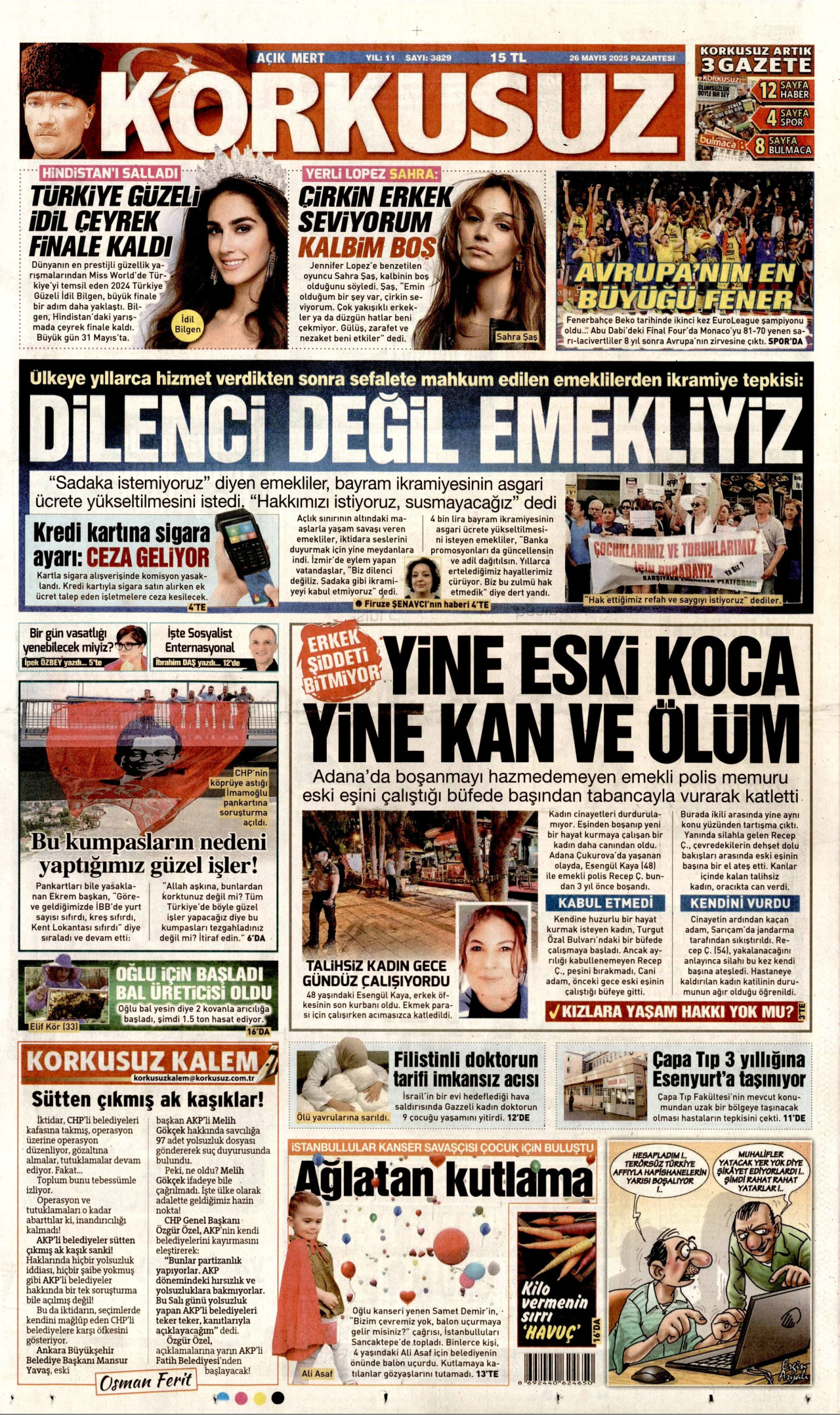 KORKUSUZ gazetesinin 26 Mayıs 2025 tarihli birinci sayfası