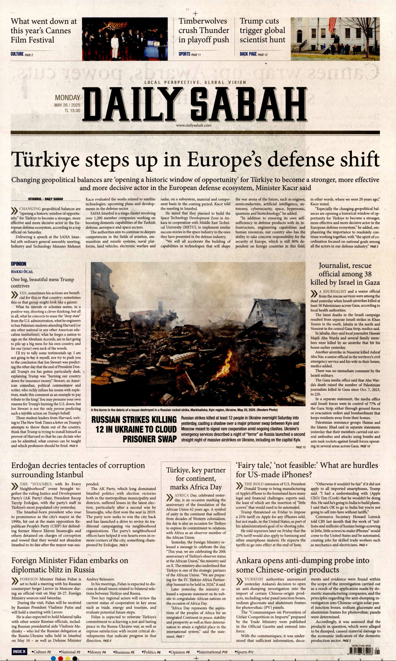 DAİLY SABAH gazetesinin 26 Mayıs 2025 tarihli birinci sayfası