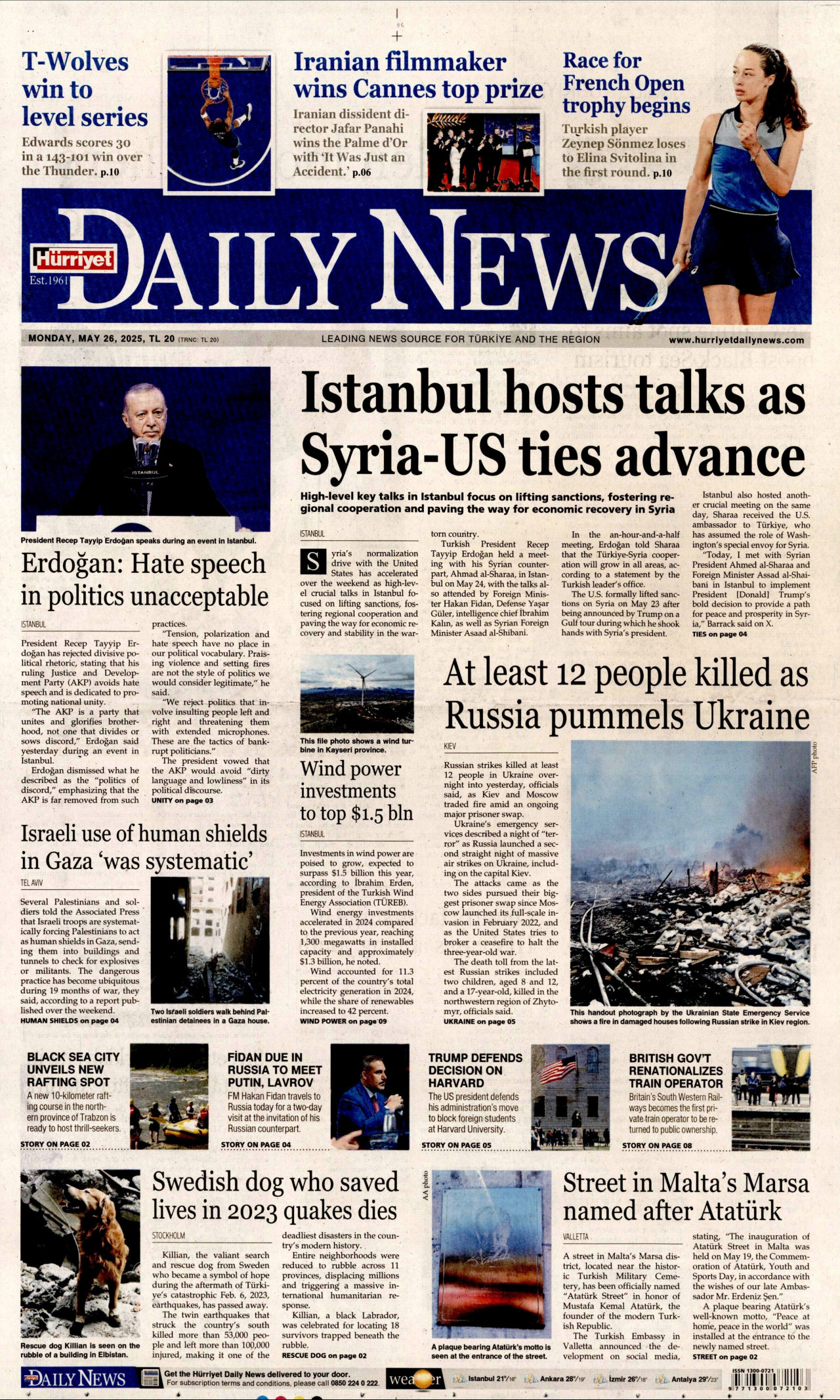 HÜRRİYET DAİLY NEWS gazetesinin 26 Mayıs 2025 tarihli birinci sayfası
