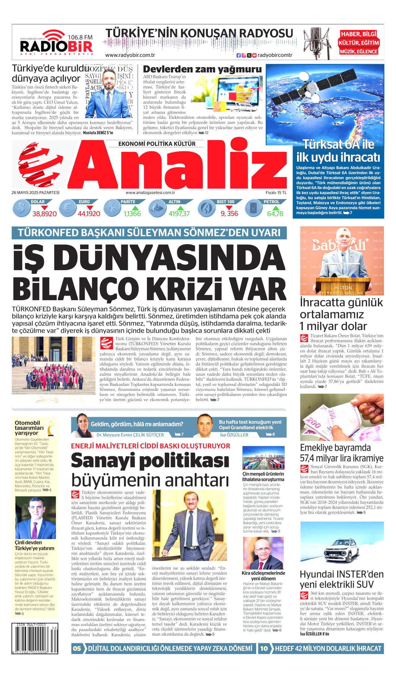 ANALİZ gazetesinin 26 Mayıs 2025 tarihli birinci sayfası