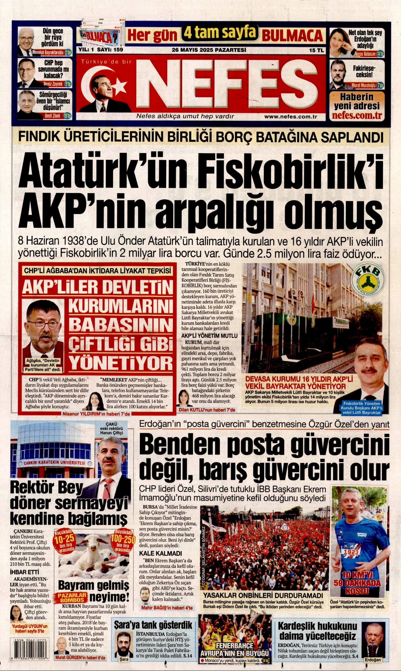 NEFES gazetesinin 26 Mayıs 2025 tarihli birinci sayfası