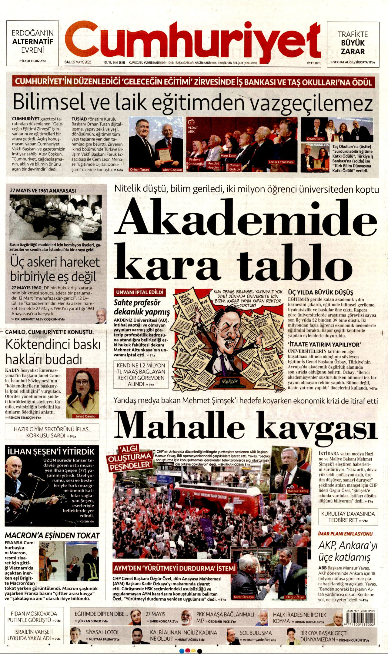 CUMHURİYET gazetesinin 27 Mayıs 2025 tarihli birinci sayfası