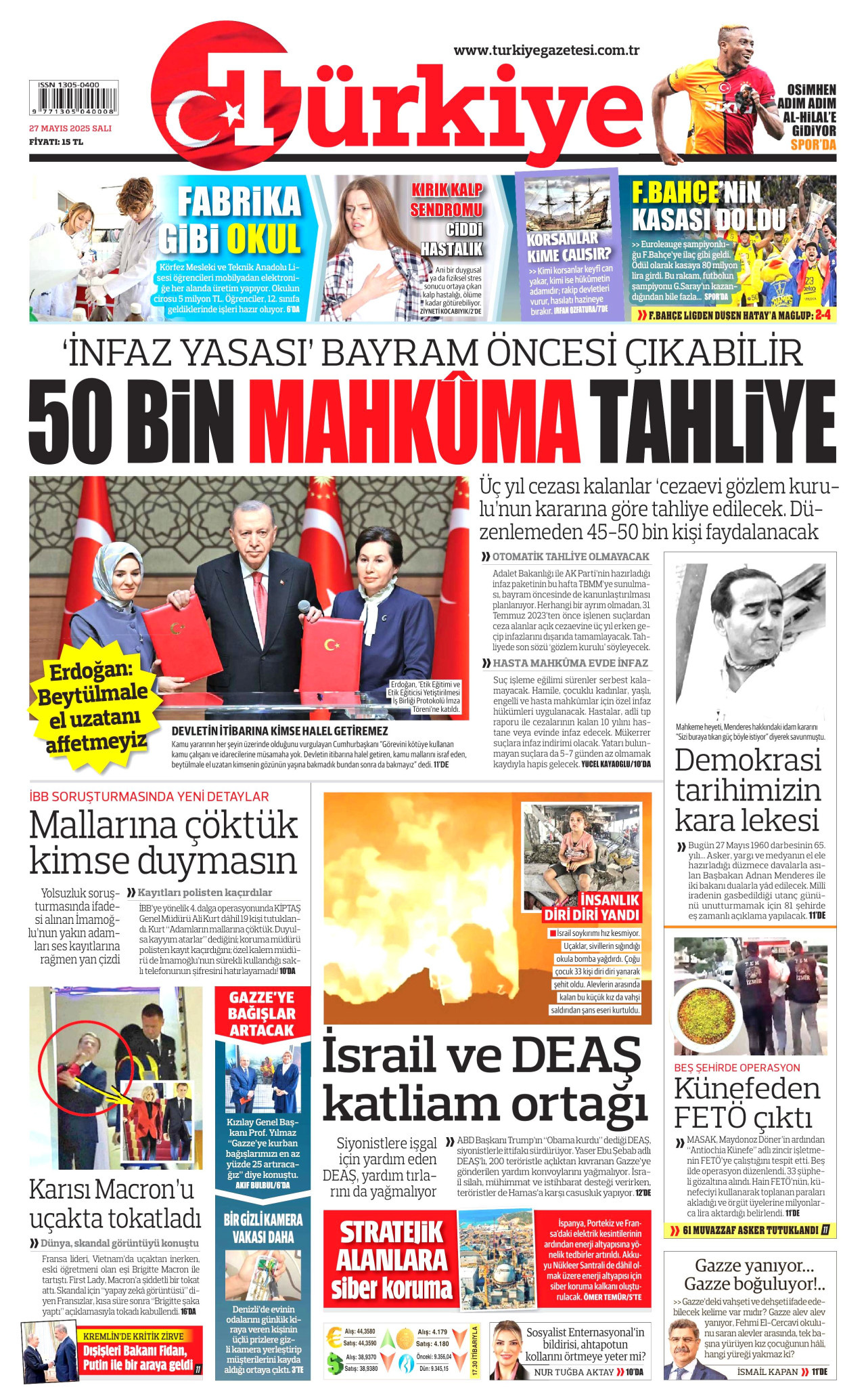 TÜRKİYE GAZETESİ gazetesinin 27 Mayıs 2025 tarihli birinci sayfası