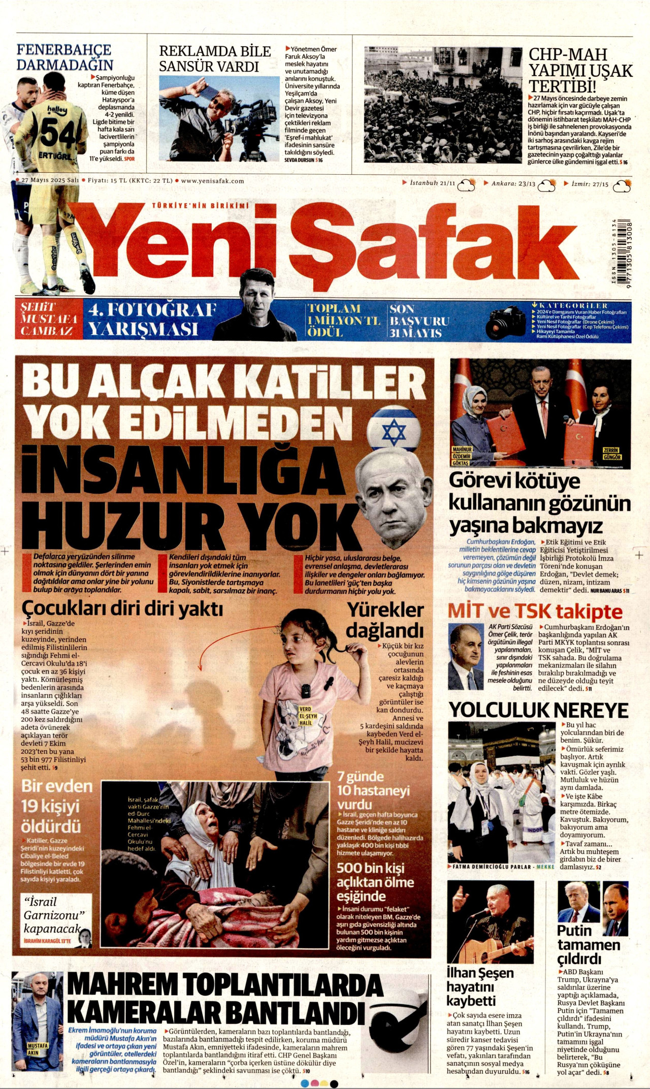 YENİ ŞAFAK gazetesinin 27 Mayıs 2025 tarihli birinci sayfası