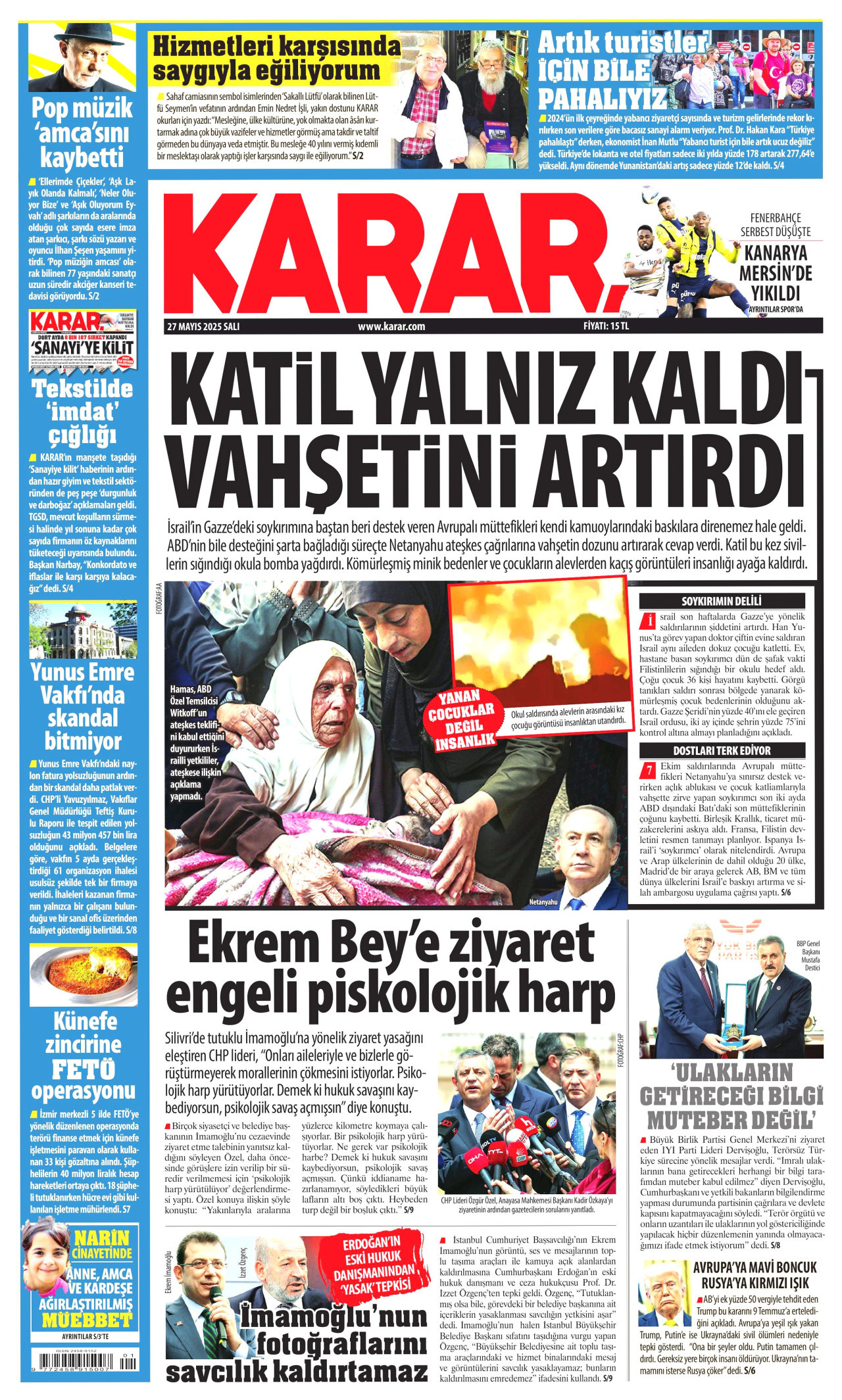 KARAR gazetesinin 27 Mayıs 2025 tarihli birinci sayfası
