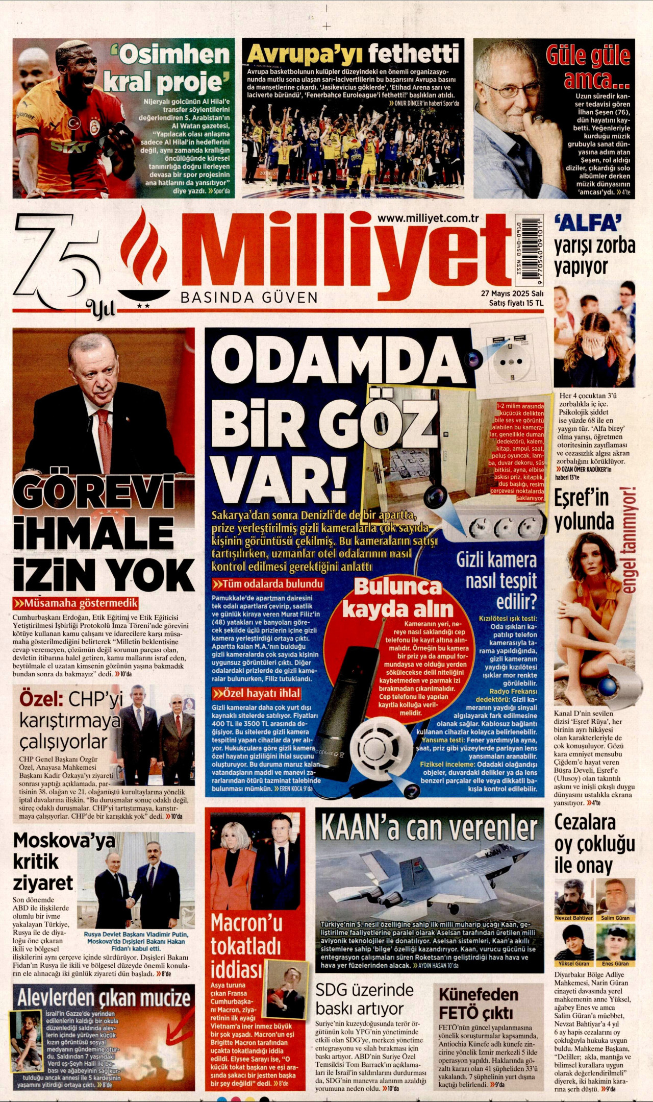 MİLLİYET gazetesinin 27 Mayıs 2025 tarihli birinci sayfası