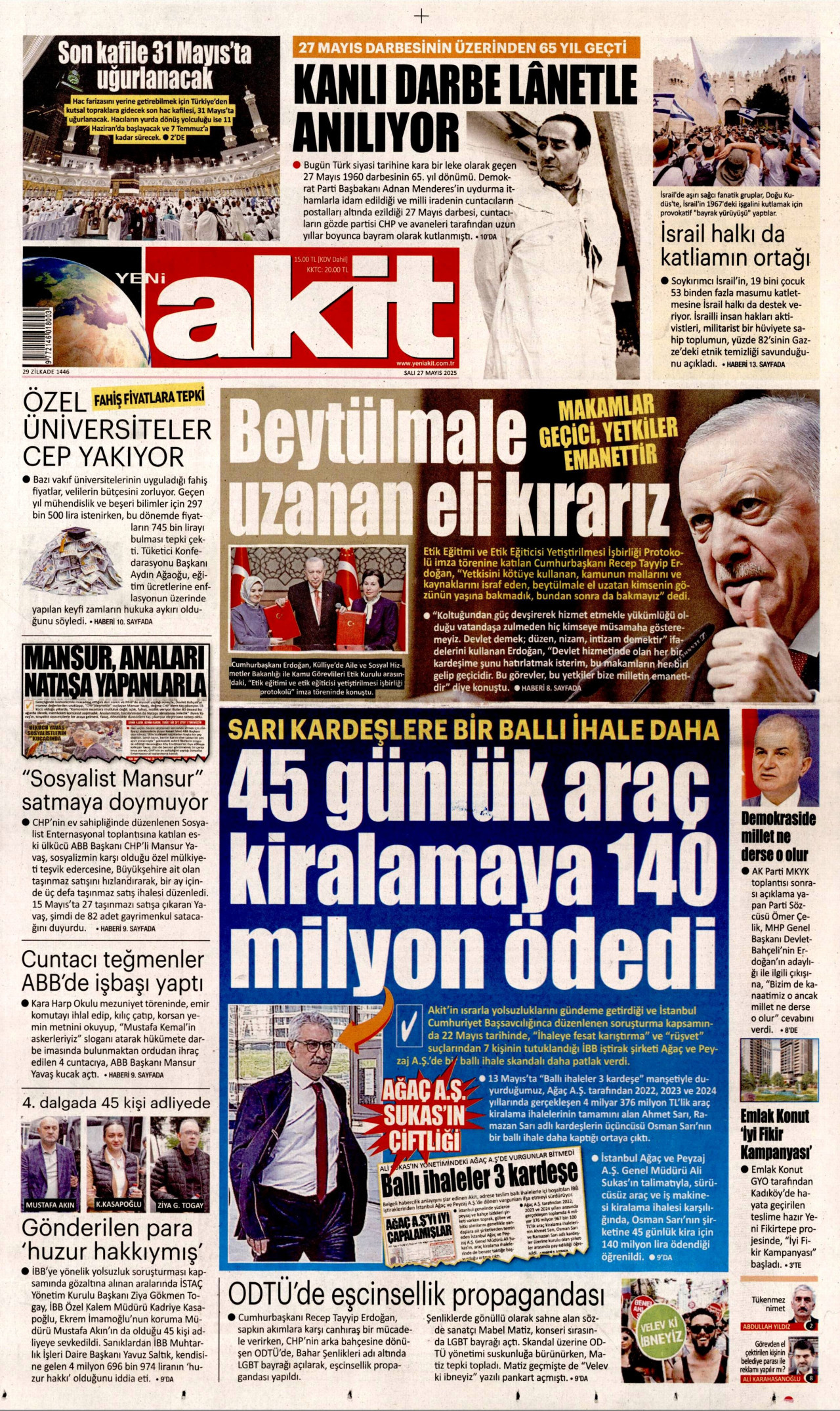 YENİ AKİT gazetesinin 27 Mayıs 2025 tarihli birinci sayfası