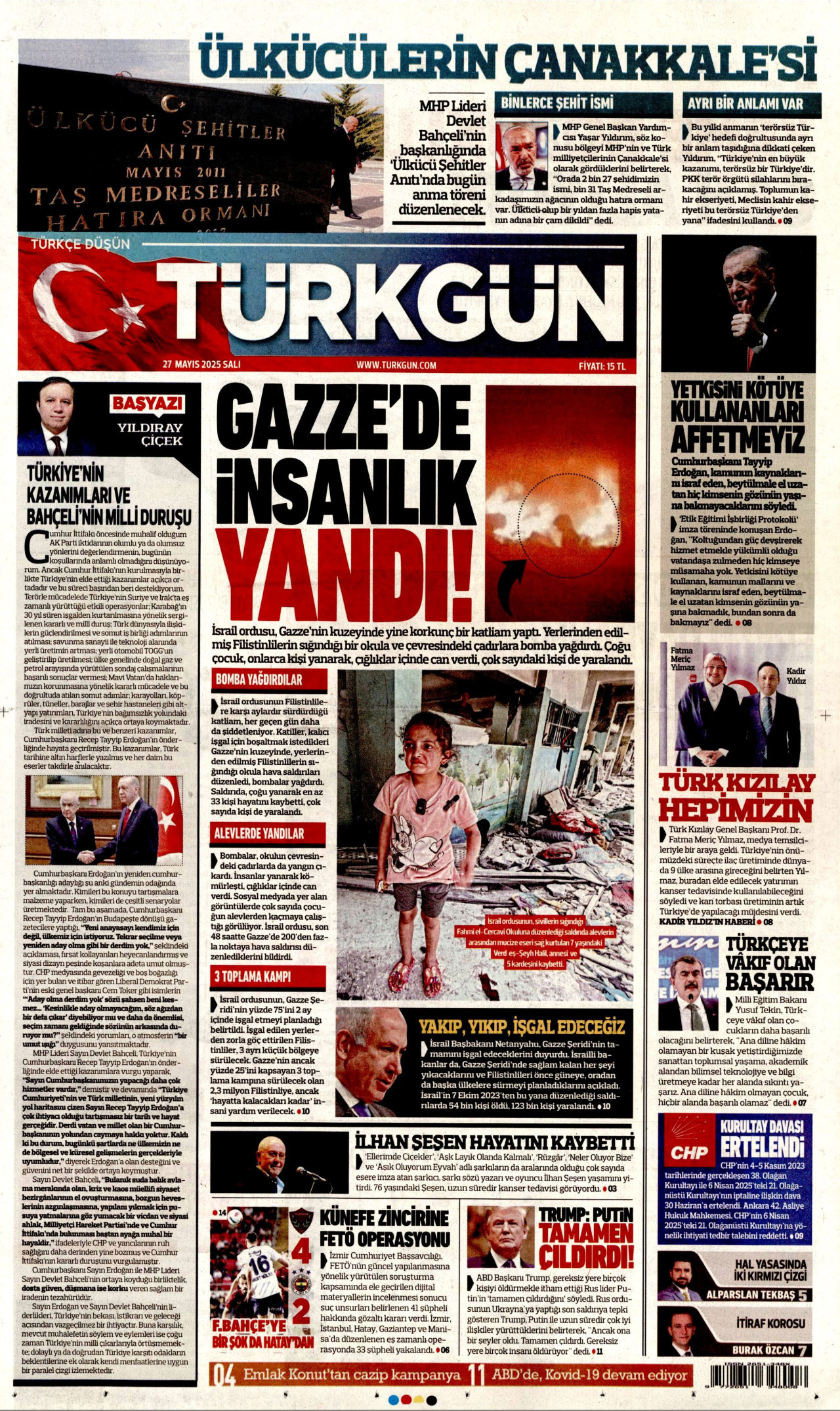 TÜRKGÜN gazetesinin 27 Mayıs 2025 tarihli birinci sayfası