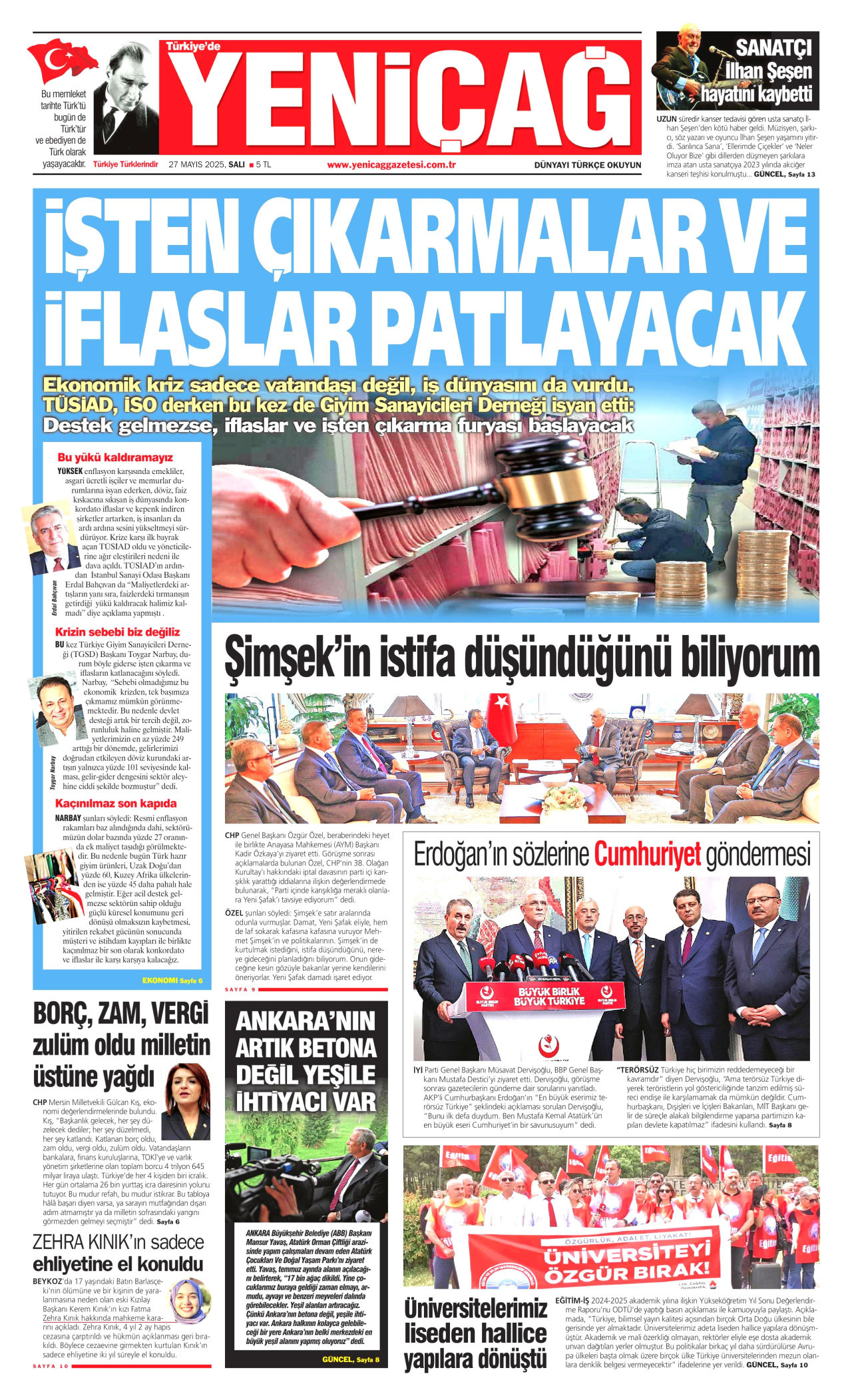 YENİÇAĞ gazetesinin 27 Mayıs 2025 tarihli birinci sayfası