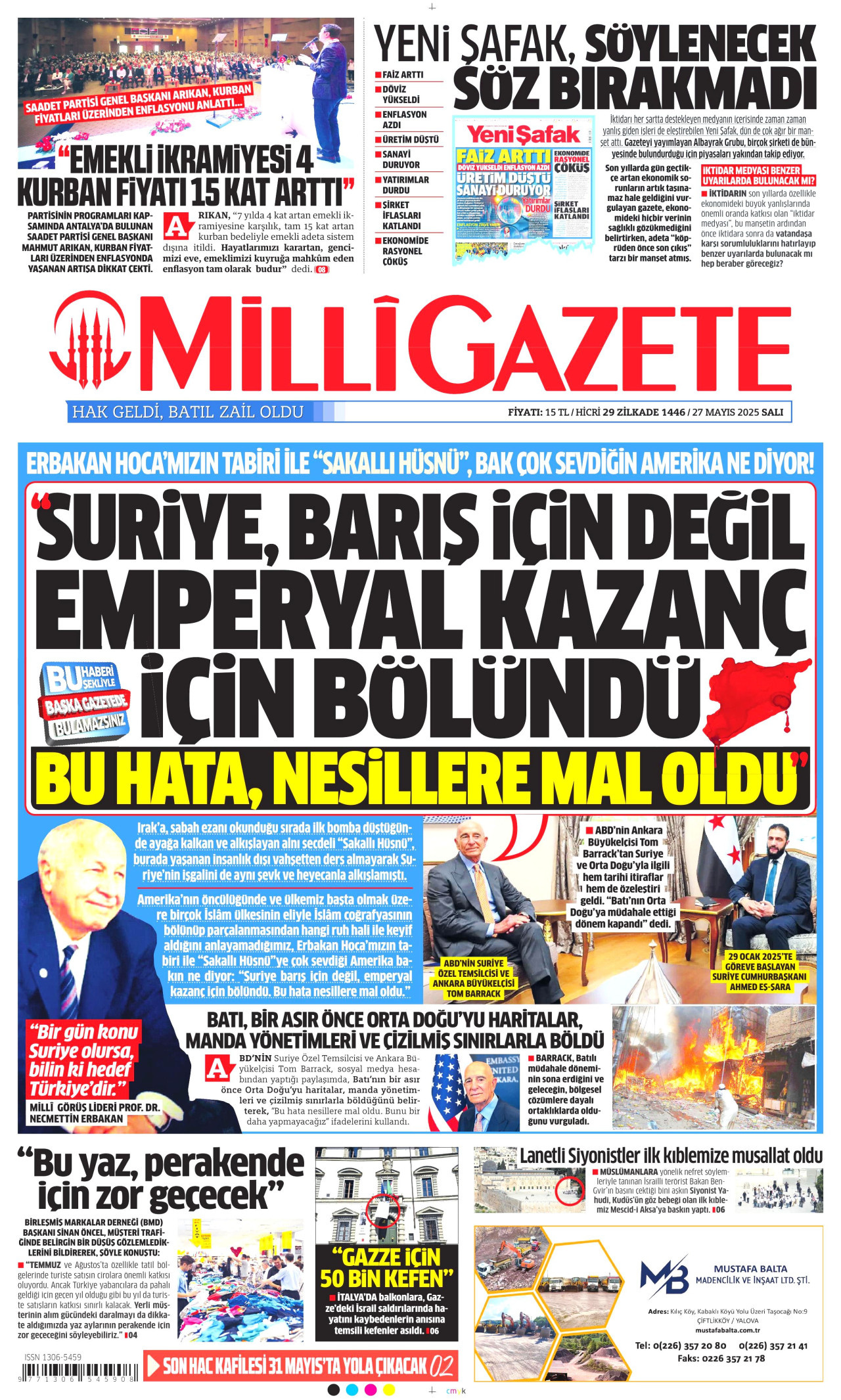 MİLLİ GAZETE gazetesinin 27 Mayıs 2025 tarihli birinci sayfası