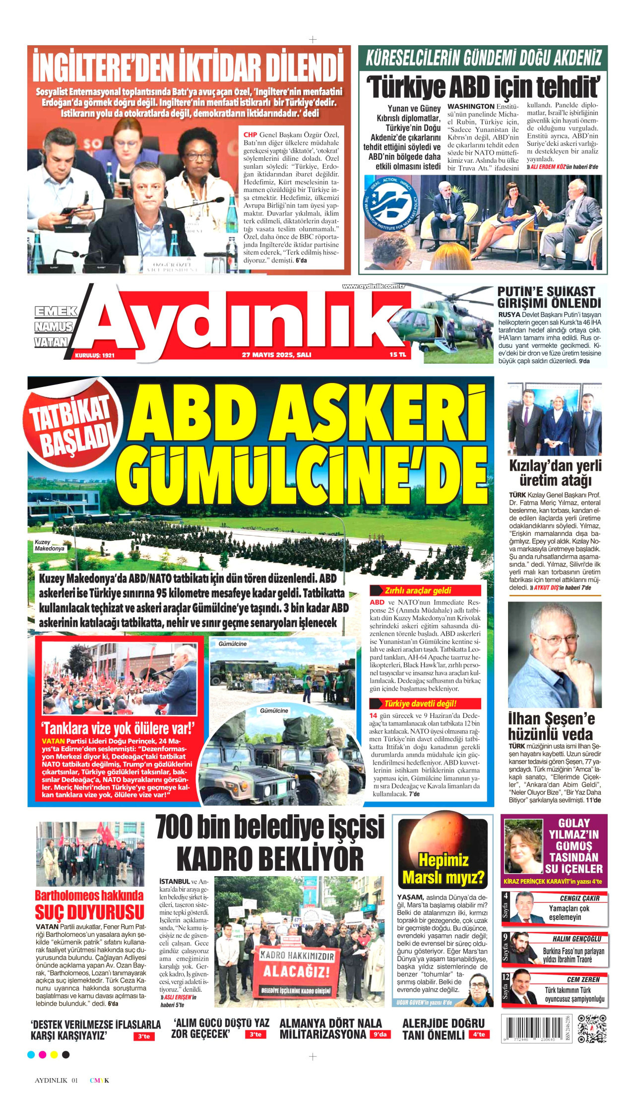 AYDINLIK GAZETESİ gazetesinin 27 Mayıs 2025 tarihli birinci sayfası