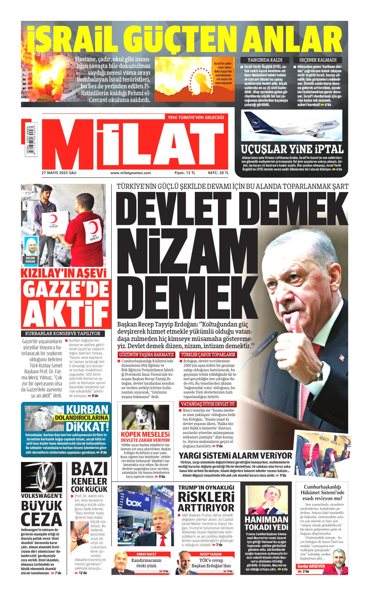 MİLAT gazetesinin 27 Mayıs 2025 tarihli birinci sayfası