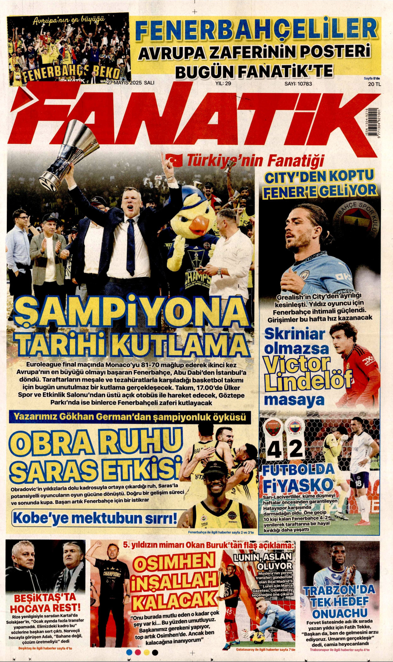 FANATİK gazetesinin 27 Mayıs 2025 tarihli birinci sayfası
