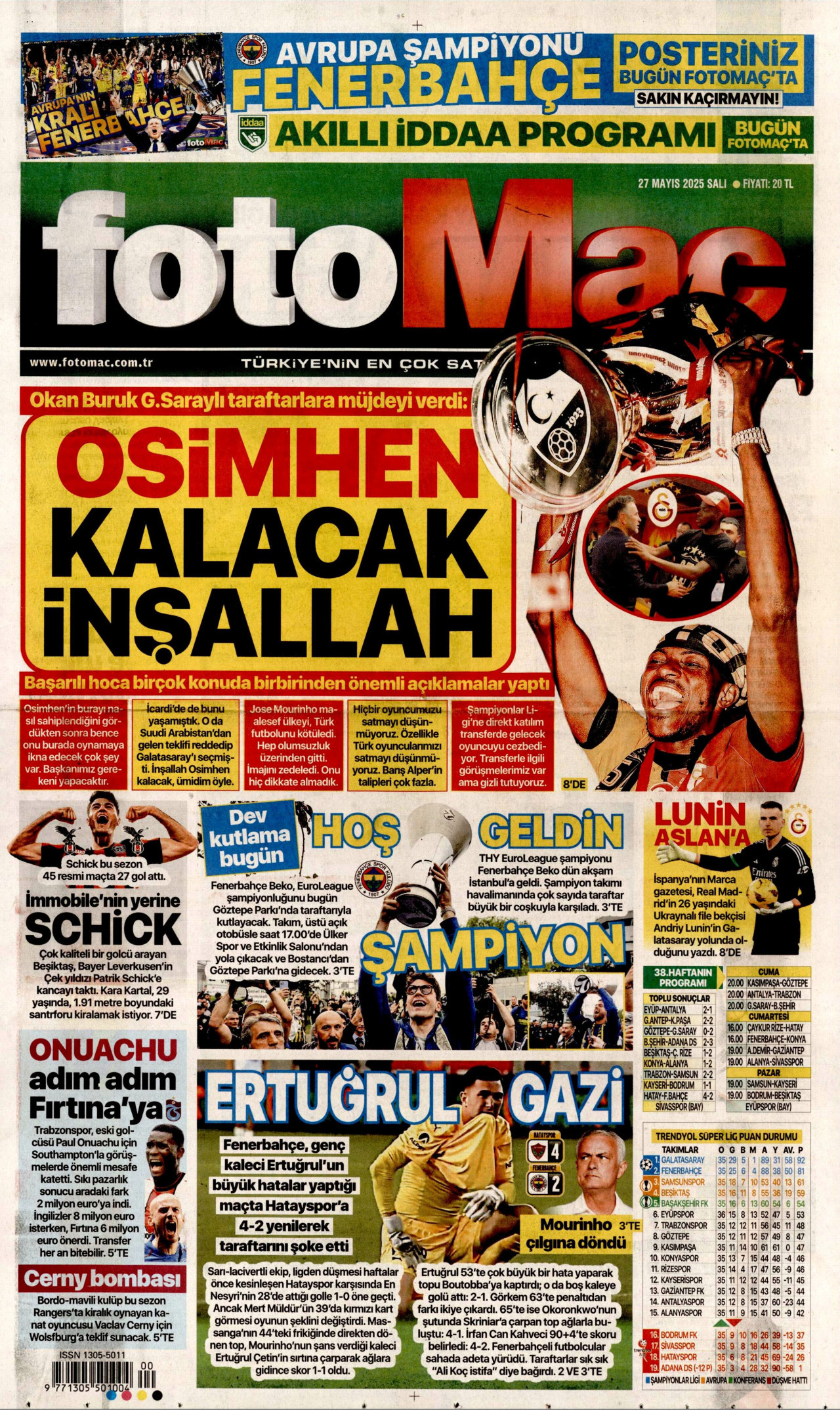 FOTOMAÇ gazetesinin 27 Mayıs 2025 tarihli birinci sayfası