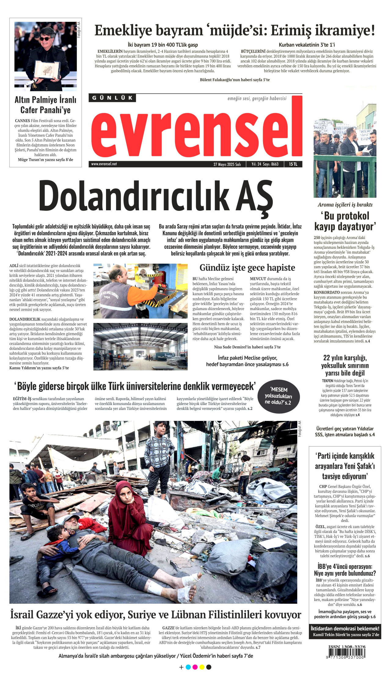 EVRENSEL gazetesinin 27 Mayıs 2025 tarihli birinci sayfası