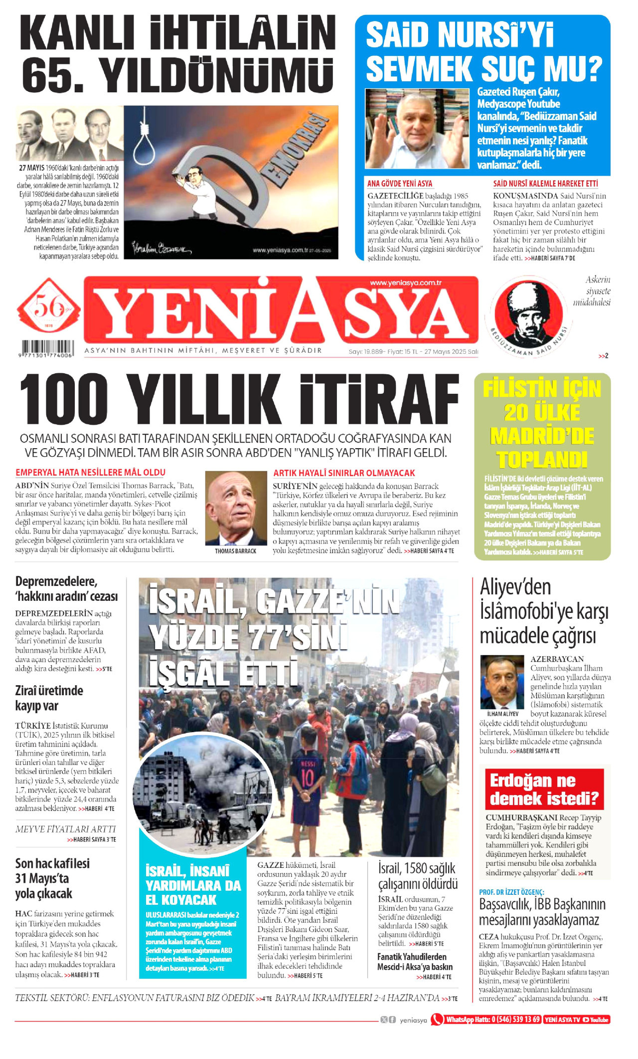 YENİ ASYA gazetesinin 27 Mayıs 2025 tarihli birinci sayfası