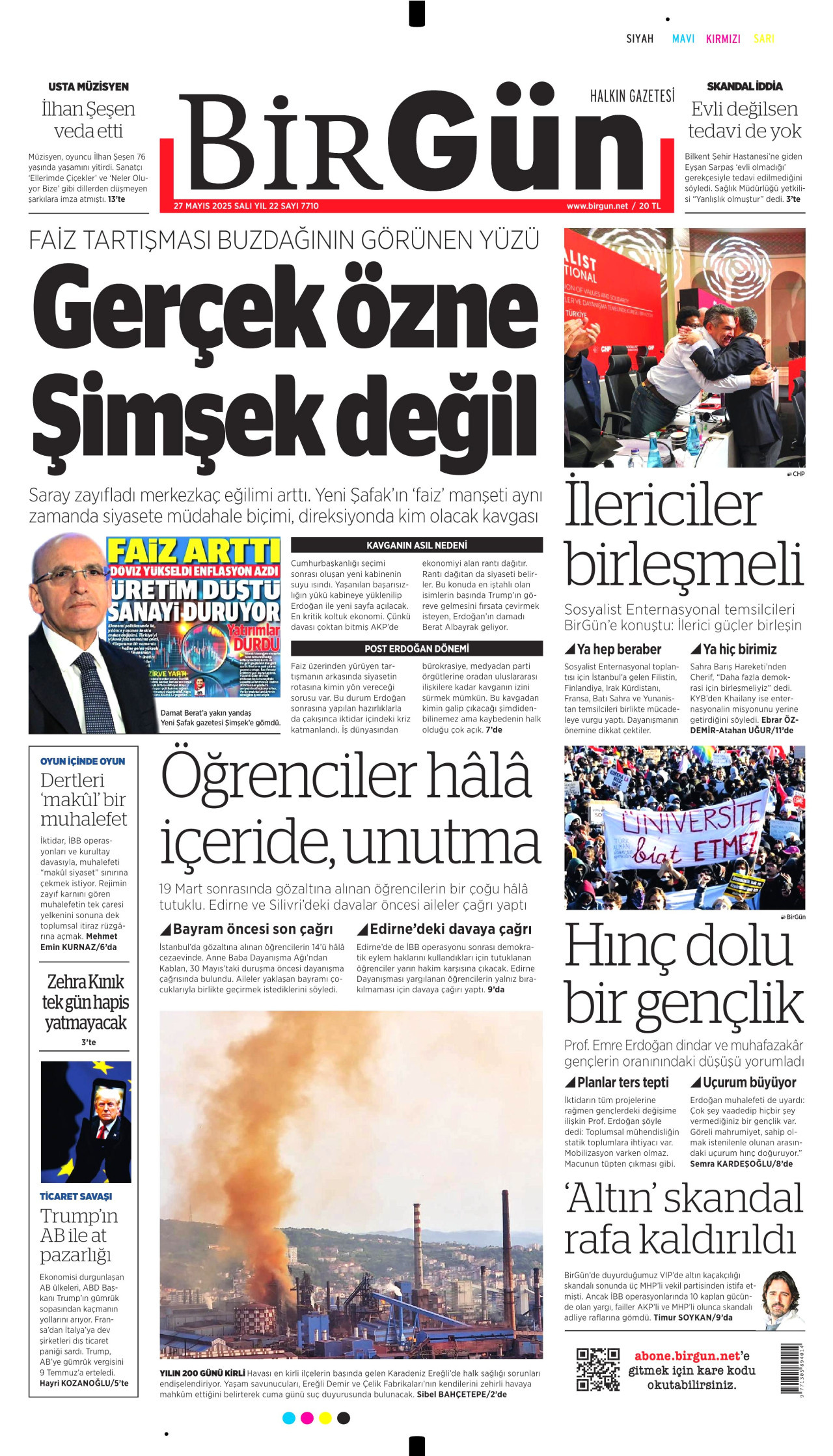 BİRGÜN gazetesinin 27 Mayıs 2025 tarihli birinci sayfası