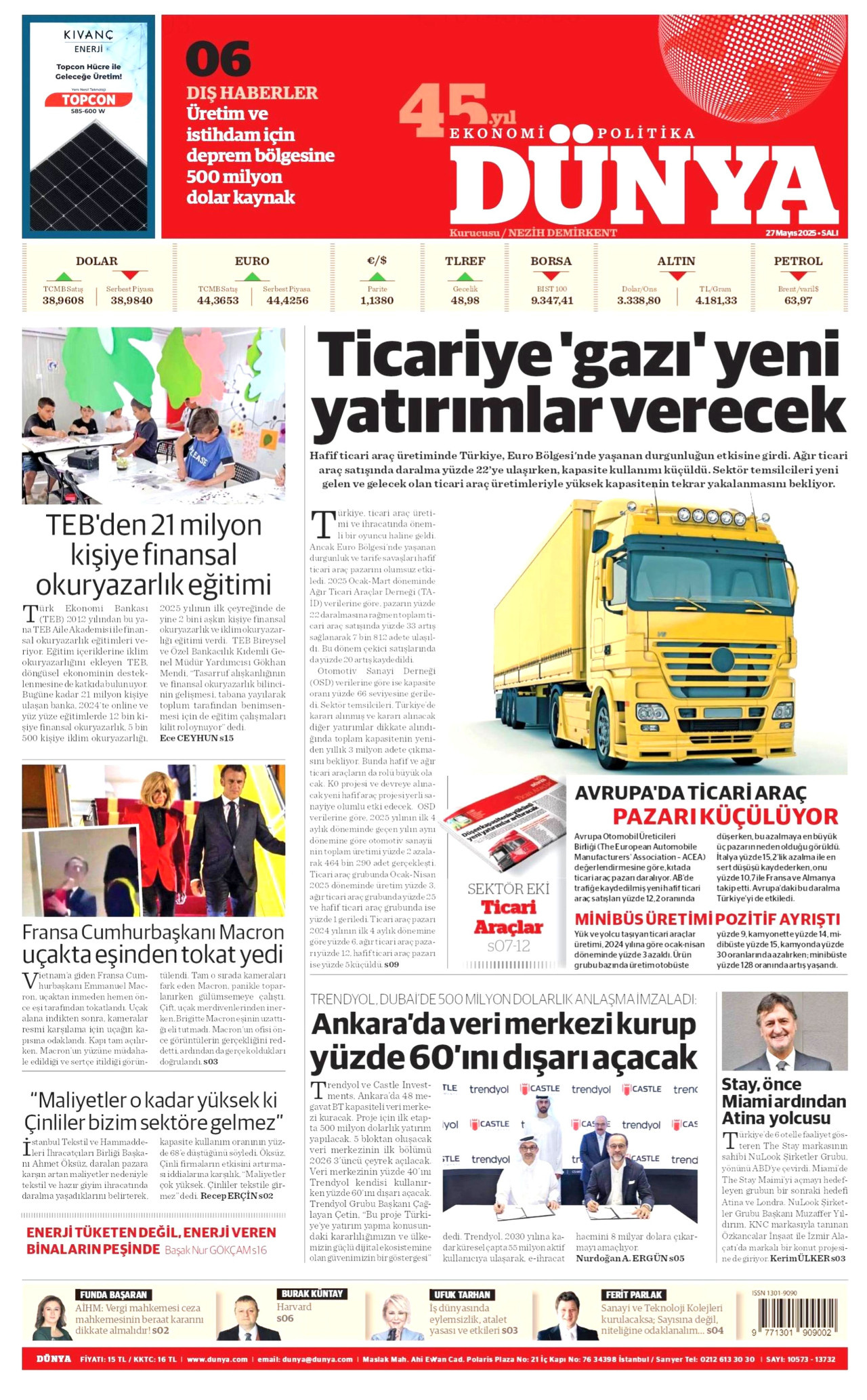 DÜNYA gazetesinin 27 Mayıs 2025 tarihli birinci sayfası