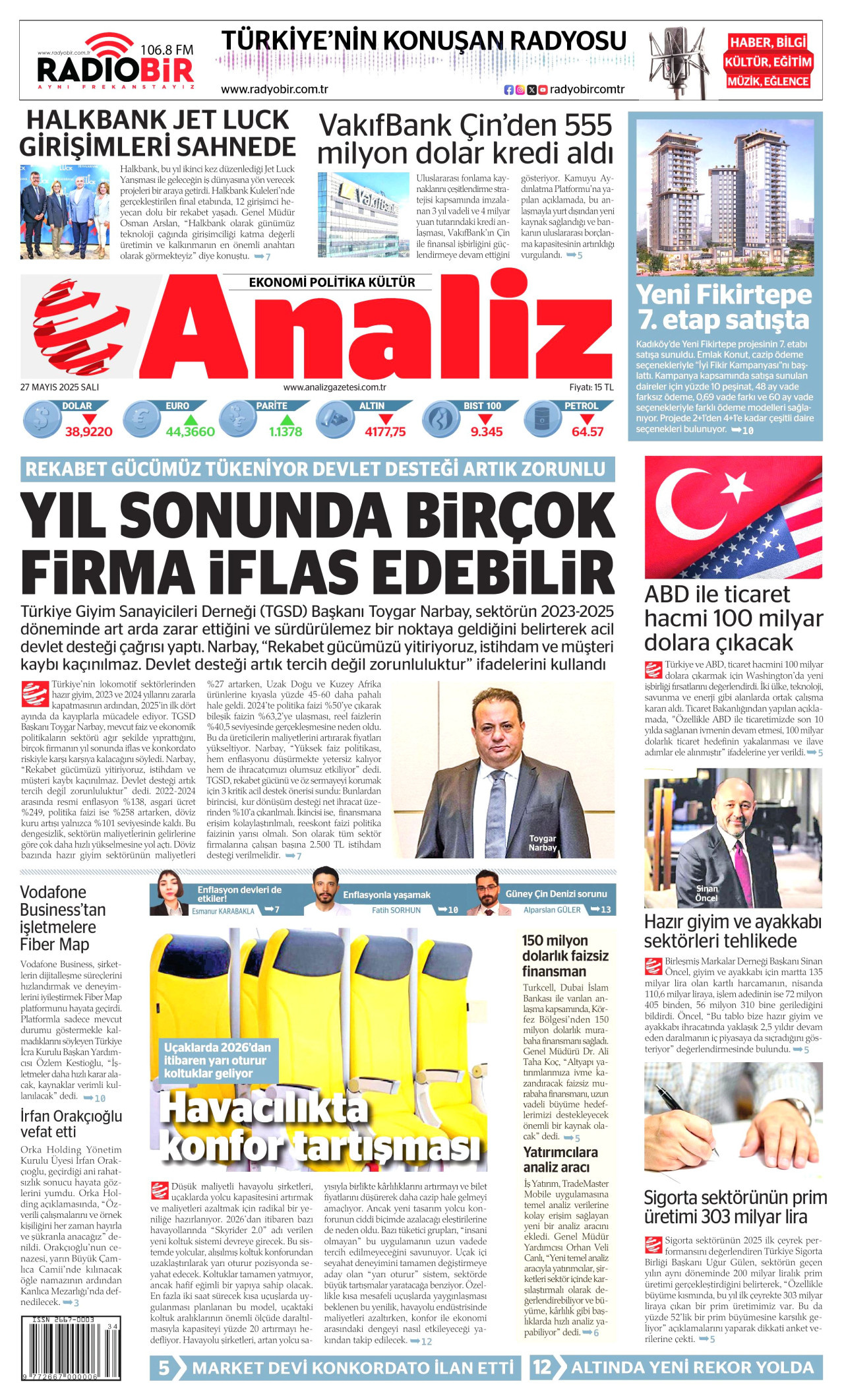 ANALİZ gazetesinin 27 Mayıs 2025 tarihli birinci sayfası