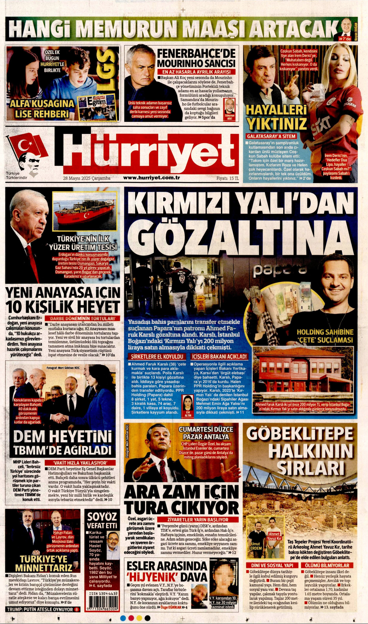 HÜRRİYET gazetesinin 28 Mayıs 2025 tarihli birinci sayfası