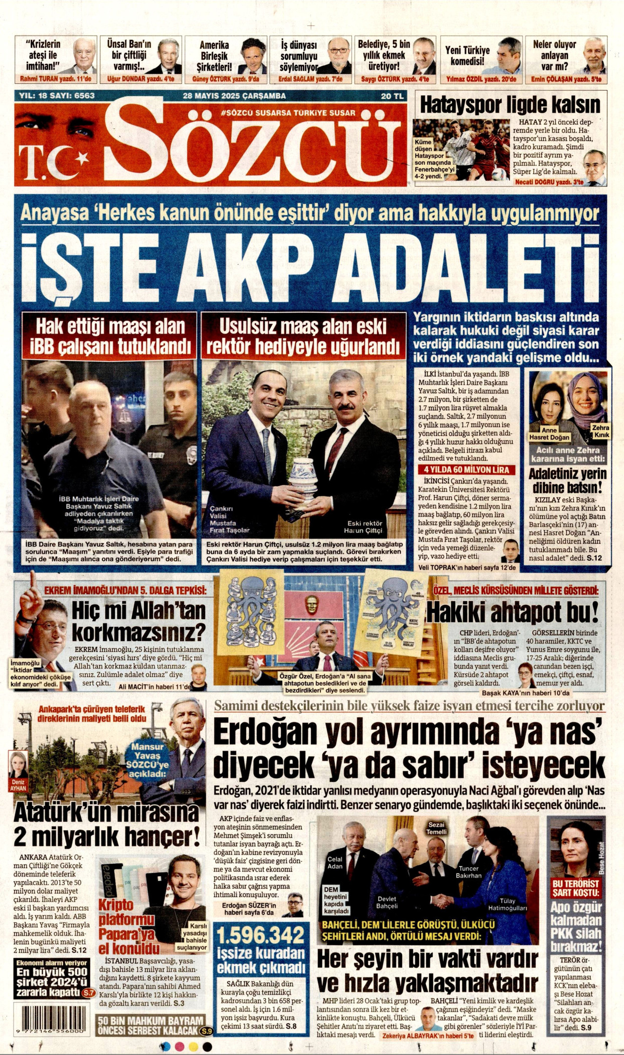 SÖZCÜ gazetesinin 28 Mayıs 2025 tarihli birinci sayfası