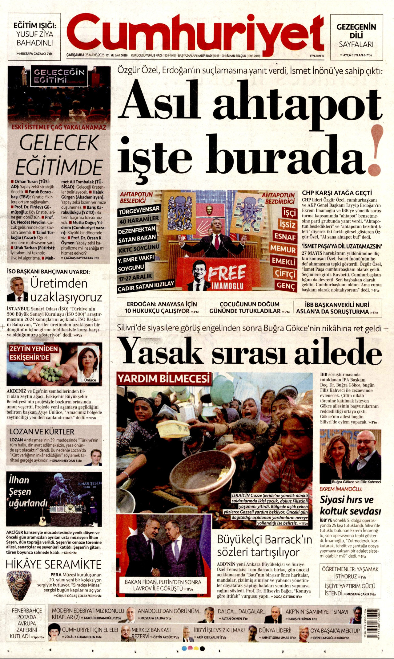 CUMHURİYET gazetesinin 28 Mayıs 2025 tarihli birinci sayfası