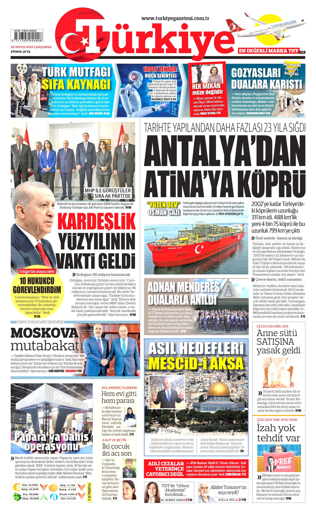 TÜRKİYE GAZETESİ gazetesinin 28 Mayıs 2025 tarihli birinci sayfası
