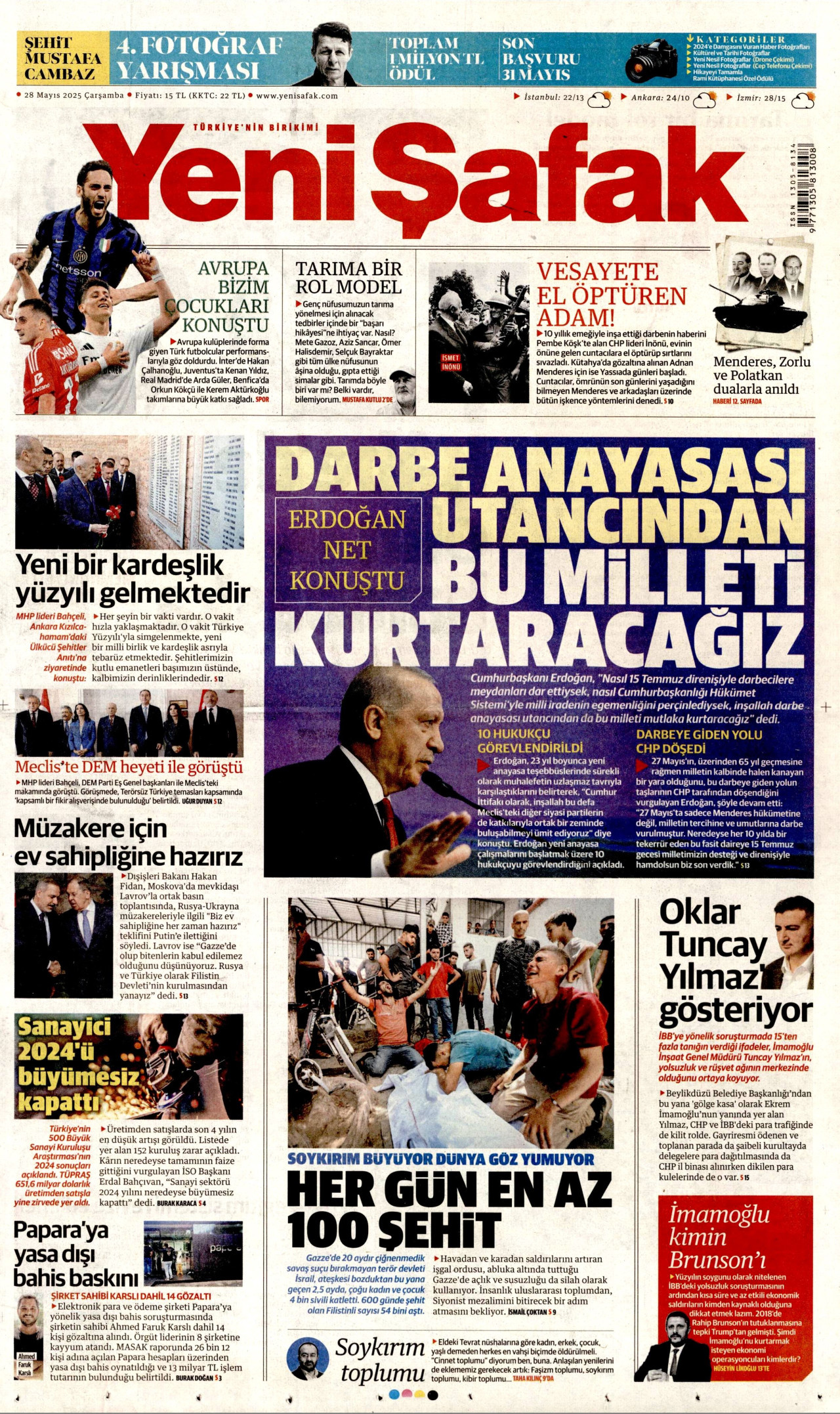 YENİ ŞAFAK gazetesinin 28 Mayıs 2025 tarihli birinci sayfası