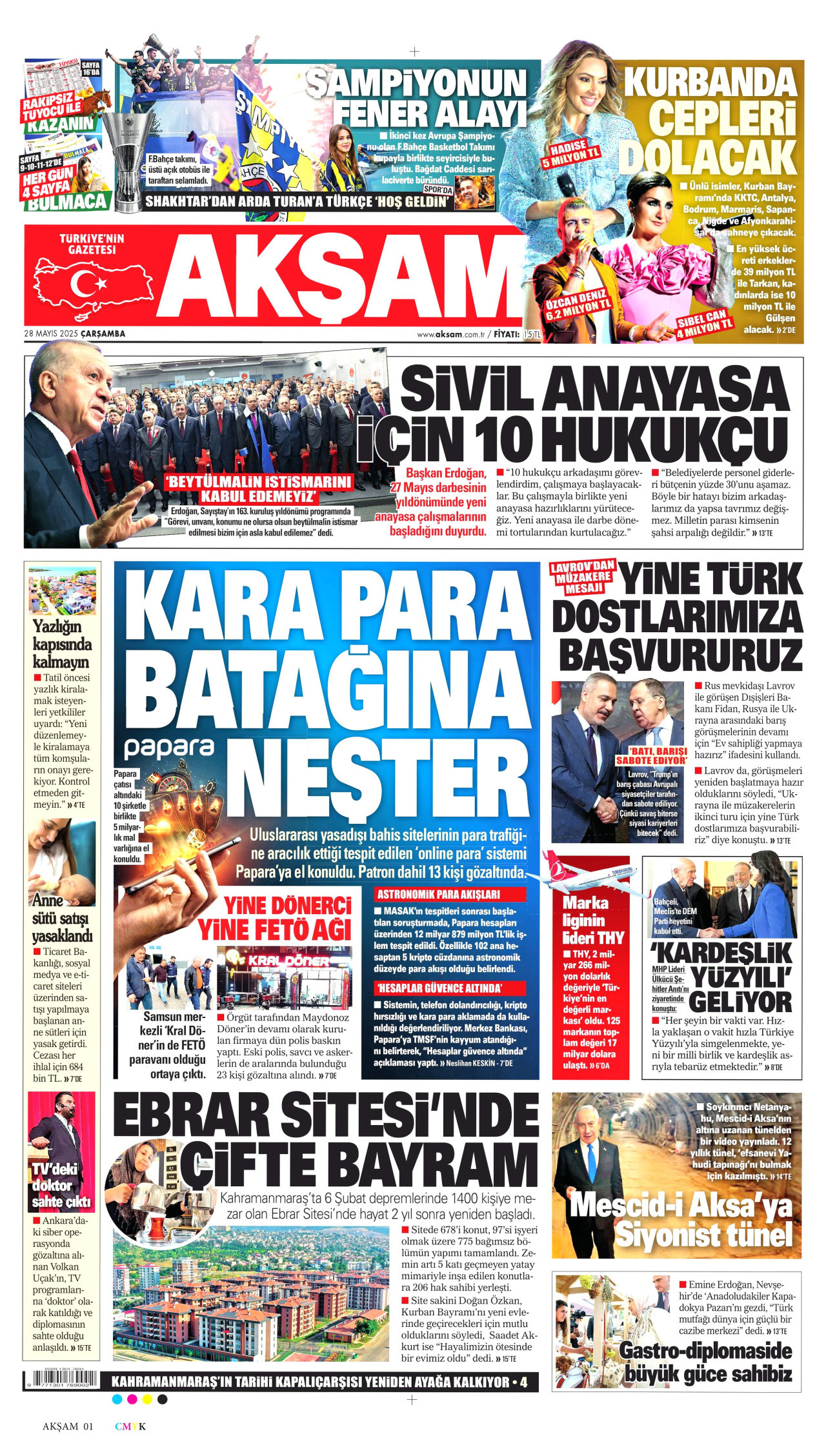 AKŞAM gazetesinin 28 Mayıs 2025 tarihli birinci sayfası