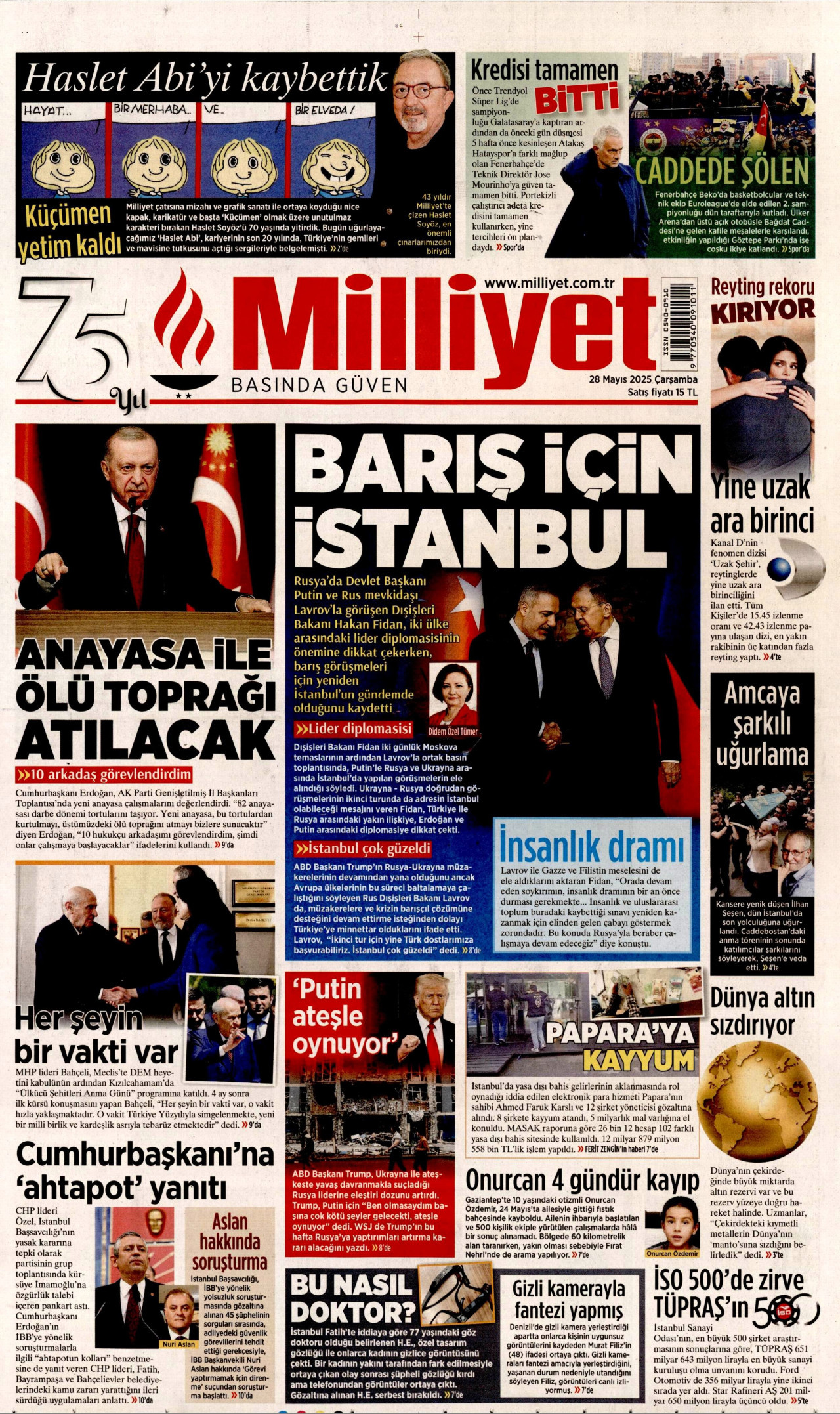 MİLLİYET gazetesinin 28 Mayıs 2025 tarihli birinci sayfası