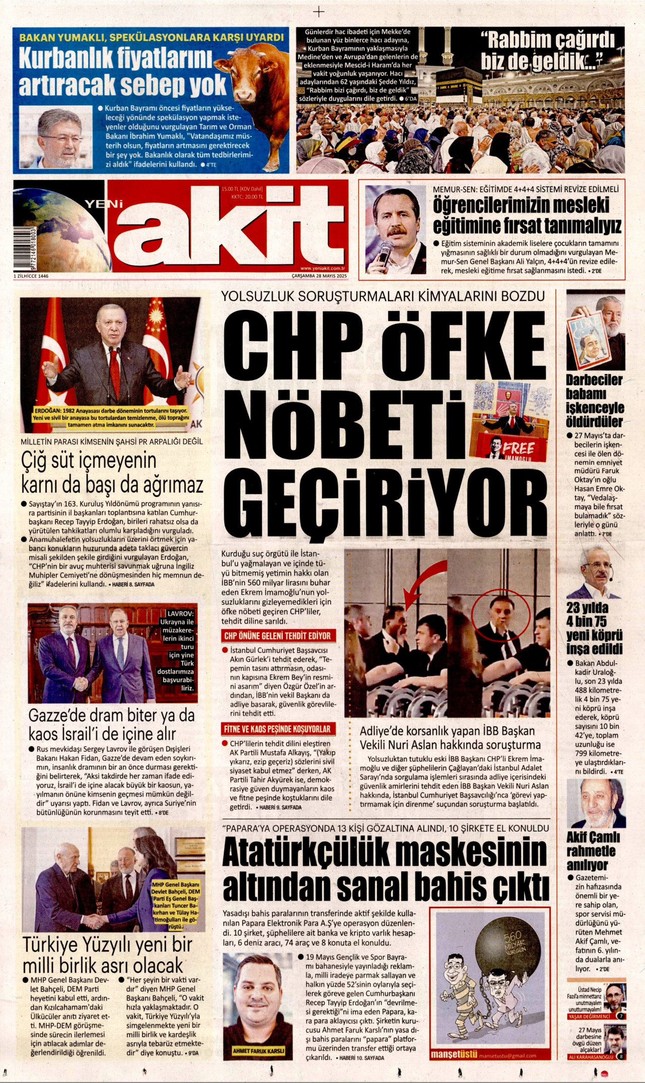 YENİ AKİT gazetesinin 28 Mayıs 2025 tarihli birinci sayfası